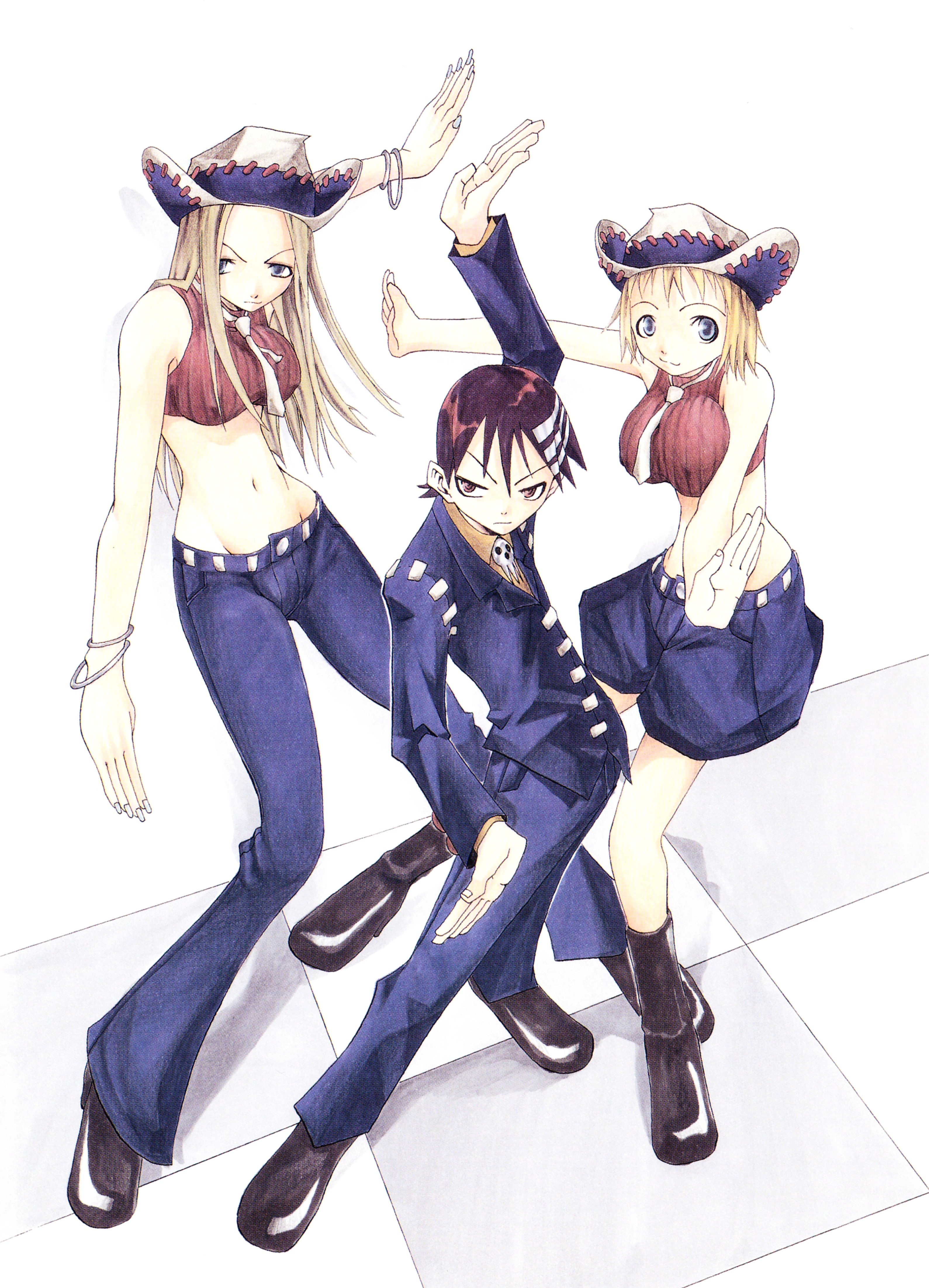 ohkubo atsushi, death the kid, elizabeth thompson, patricia thompson, soul eater, absurdres, highres, official art, scan, >:|, 00s, 1boy, 2girls, :|, arm up, bare shoulders, black eyes, black hair, blonde hair, blue eyes, boots, bracelet, breasts, closed mouth, collared shirt, covered erect nipples, cowboy hat, crop top, fingernails, formal clothes, full body, groin, hat, high heel boots, high heels, hip focus, jewelry, large breasts, light smile, long fingernails, long hair, looking at viewer, midriff, multicolored hair, multiple girls, navel, necktie, outstretched arm, outstretched arms, pants, puffy shorts, ribbed sweater, serious, shadow, shirt, short hair, shorts, siblings, sisters, skull, sleeveless, sleeveless turtleneck, smile, standing, stitches, streaked hair, suit, sweater, tile floor, tiles, turtleneck, two-tone hair, v-shaped eyebrows, white hair