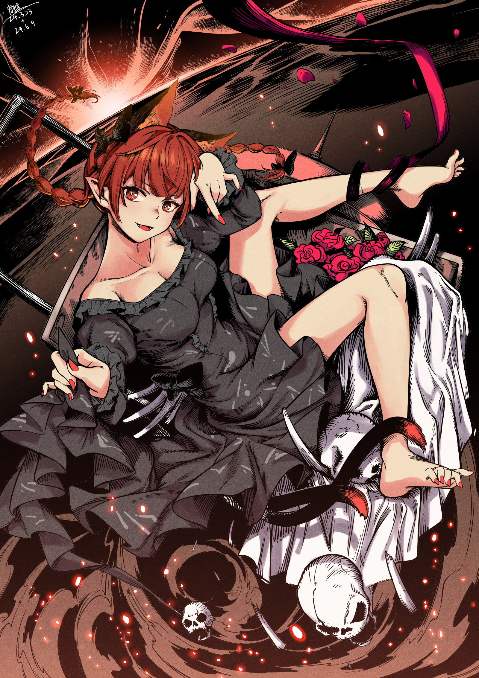 qingwa chi she, kaenbyou rin, touhou, commentary request, highres, revision, 1girl, animal ears, bare legs, barefoot, black dress, bone, braid, breasts, cat ears, cat tail, cleavage, collarbone, dated, dress, extra ears, fangs, feet, fingernails, frilled sleeves, frills, legs, long hair, long sleeves, medium breasts, multiple tails, nail polish, off-shoulder dress, off shoulder, open mouth, pointy ears, red eyes, red hair, red nails, signature, skull, smile, solo, tail, toenail polish, toenails, toes, twin braids, two tails