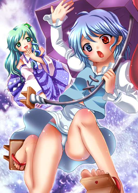 motatei, kochiya sanae, tatara kogasa, touhou, bad id, bad pixiv id, 2girls, blue eyes, blue hair, detached sleeves, feet, female focus, frog, geta, green eyes, green hair, hair ornament, heterochromia, karakasa obake, long hair, multiple girls, panties, red eyes, sandals, short hair, snake, toes, tongue, umbrella, underwear