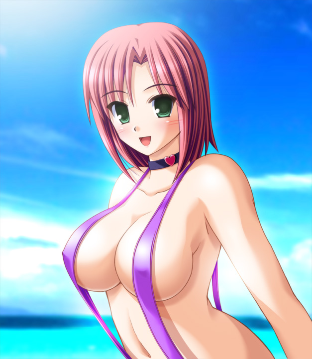 nak yama, rio rollins, super blackjack, 1girl, :d, armpits, blush, breasts, choker, cleavage, cloud, day, female focus, green eyes, large breasts, looking at viewer, nipples, open mouth, red hair, short hair, sky, slingshot swimsuit, smile, solo, swimsuit