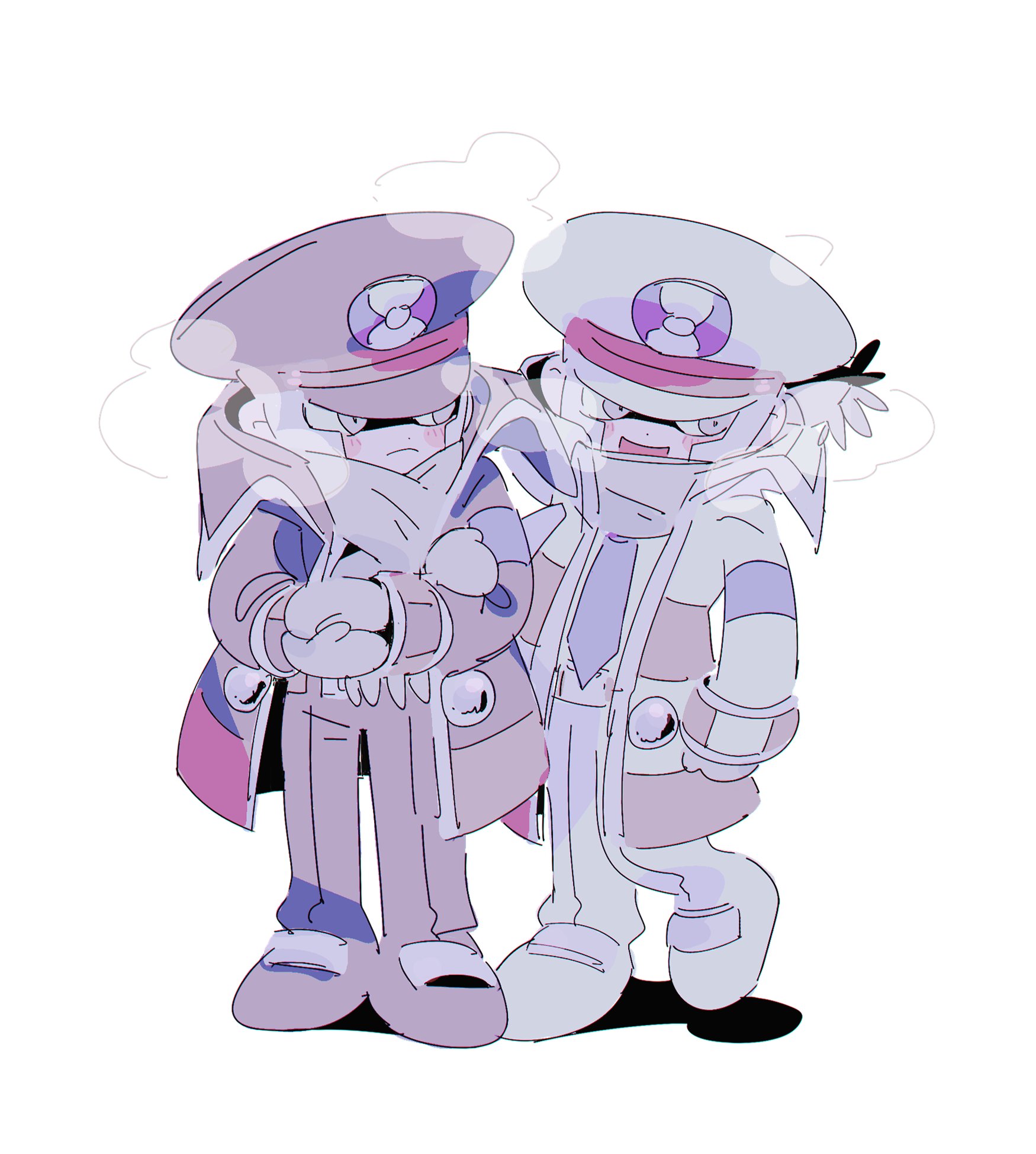 kari (user grrs8577), emmet (pokemon), ingo (pokemon), nintendo, pokemon, pokemon bw, commentary request, highres, 2boys, brothers, coat, collared coat, frown, full body, grey coat, grey eyes, grey hair, grey hat, grey pants, hat, looking at another, male focus, mittens, multiple boys, necktie, open mouth, pants, scarf, shirt, siblings, simple background, standing, twins, white background, white coat, white hat, white pants, white shirt