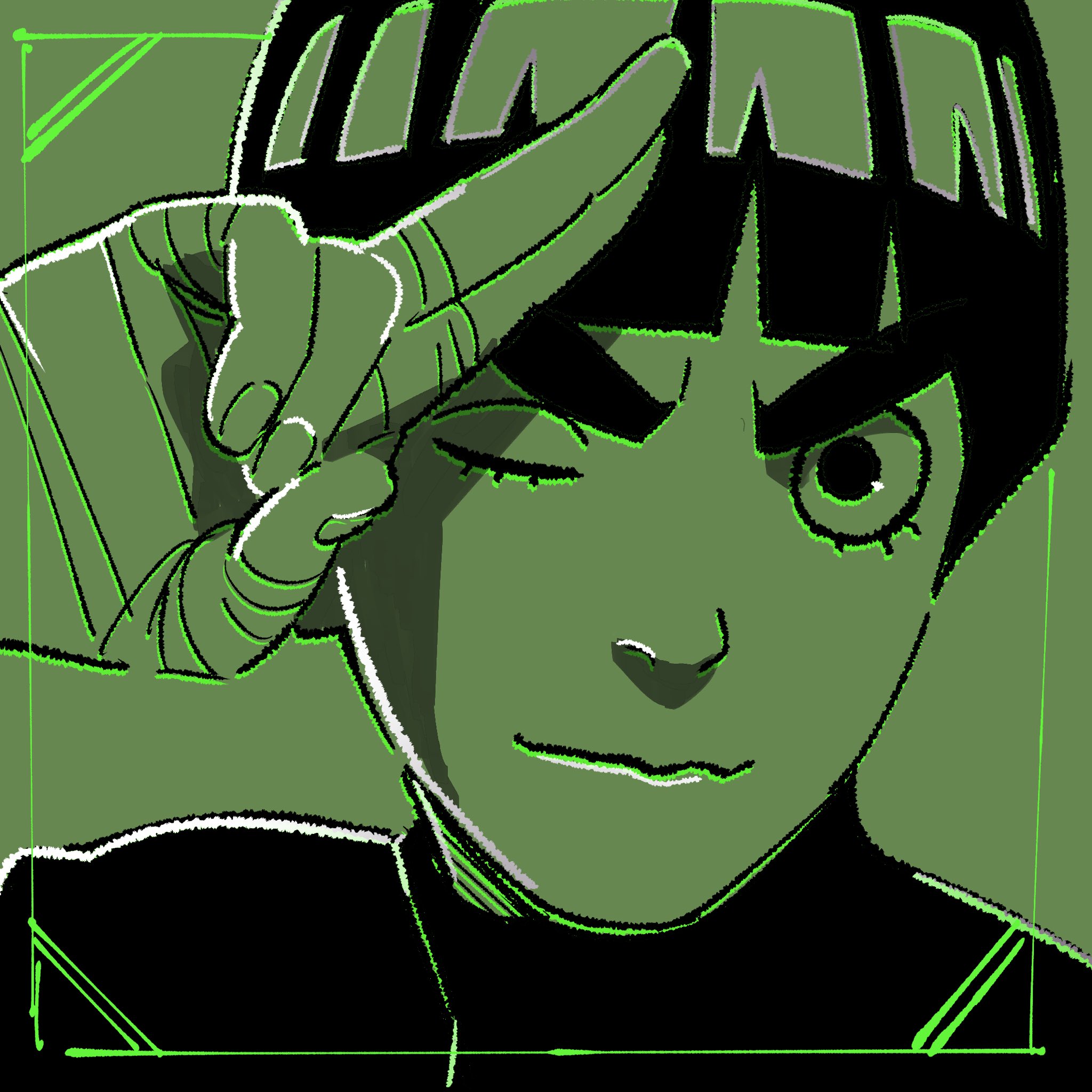 o hqfu, rock lee, naruto (series), naruto shippuuden, highres, 1boy, bandaged hand, bandages, bowl cut, green theme, limited palette, male focus, one eye closed, portrait, salute, smile, solo, thick eyebrows, turtleneck, v-shaped eyebrows