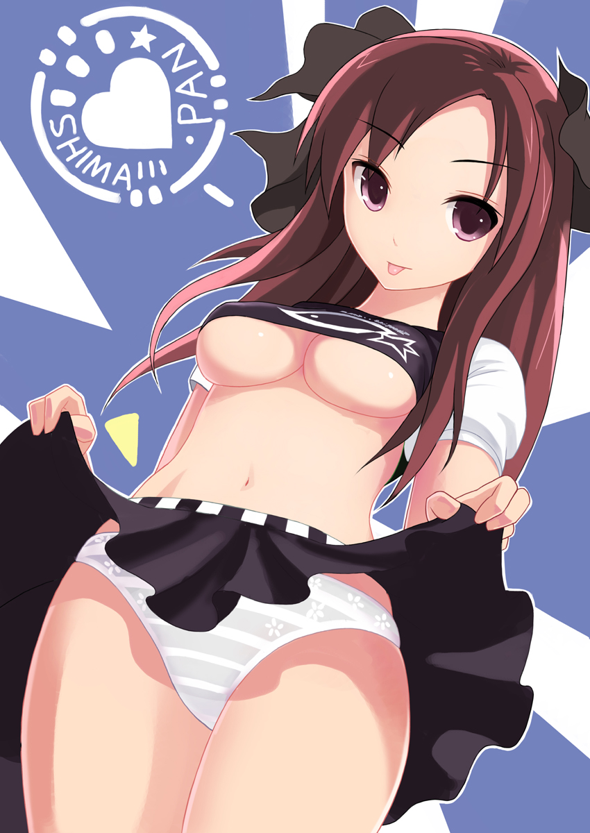 yuugiri (u-slash), original, bad id, bad pixiv id, highres, 1girl, :p, breasts, clothes lift, female focus, long hair, navel, panties, pink hair, purple eyes, skirt, skirt lift, solo, striped clothes, striped panties, tongue, tongue out, underboob, underwear, upskirt