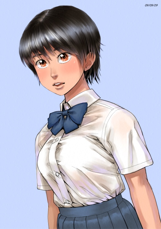 zenkou, ayumu (zenkou), original, 1girl, black hair, blue background, blue skirt, blush, bow, bowtie, breasts, dated, dutch angle, female focus, large breasts, looking at viewer, orange eyes, parted lips, pleated skirt, school uniform, shirt, short hair, simple background, skirt, solo, taut clothes, taut shirt, upper body