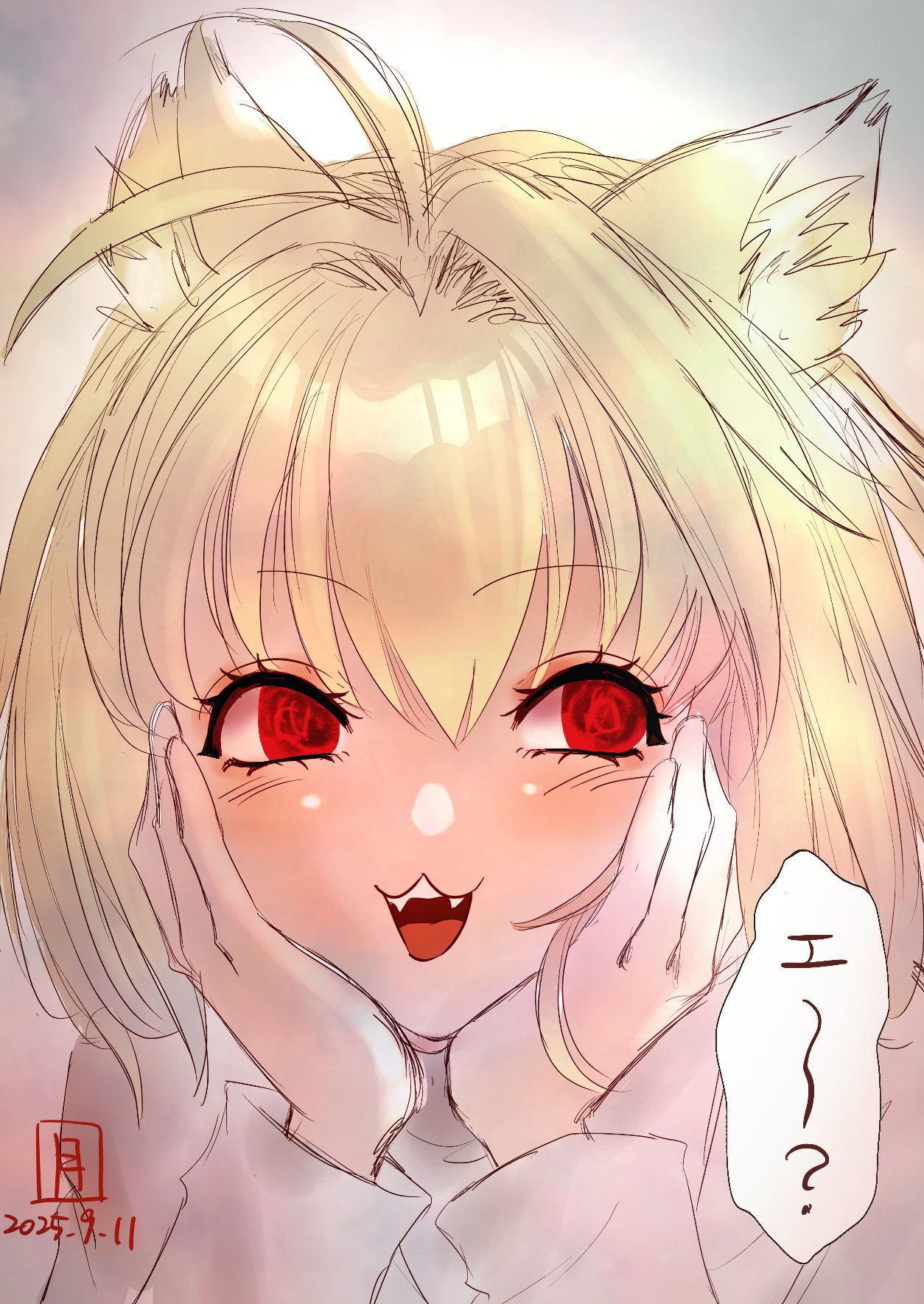 sorano tsukiyo, arcueid brunestud, tsukihime, tsukihime (remake), commentary request, highres, 1girl, :3, ahoge, animal ear fluff, animal ears, blonde hair, blush, cat ears, cat girl, fangs, hair intakes, hands on own cheeks, hands on own face, looking to the side, short hair, smile, solo, sweater, teeth, turtleneck, turtleneck sweater, upper teeth only, white sweater