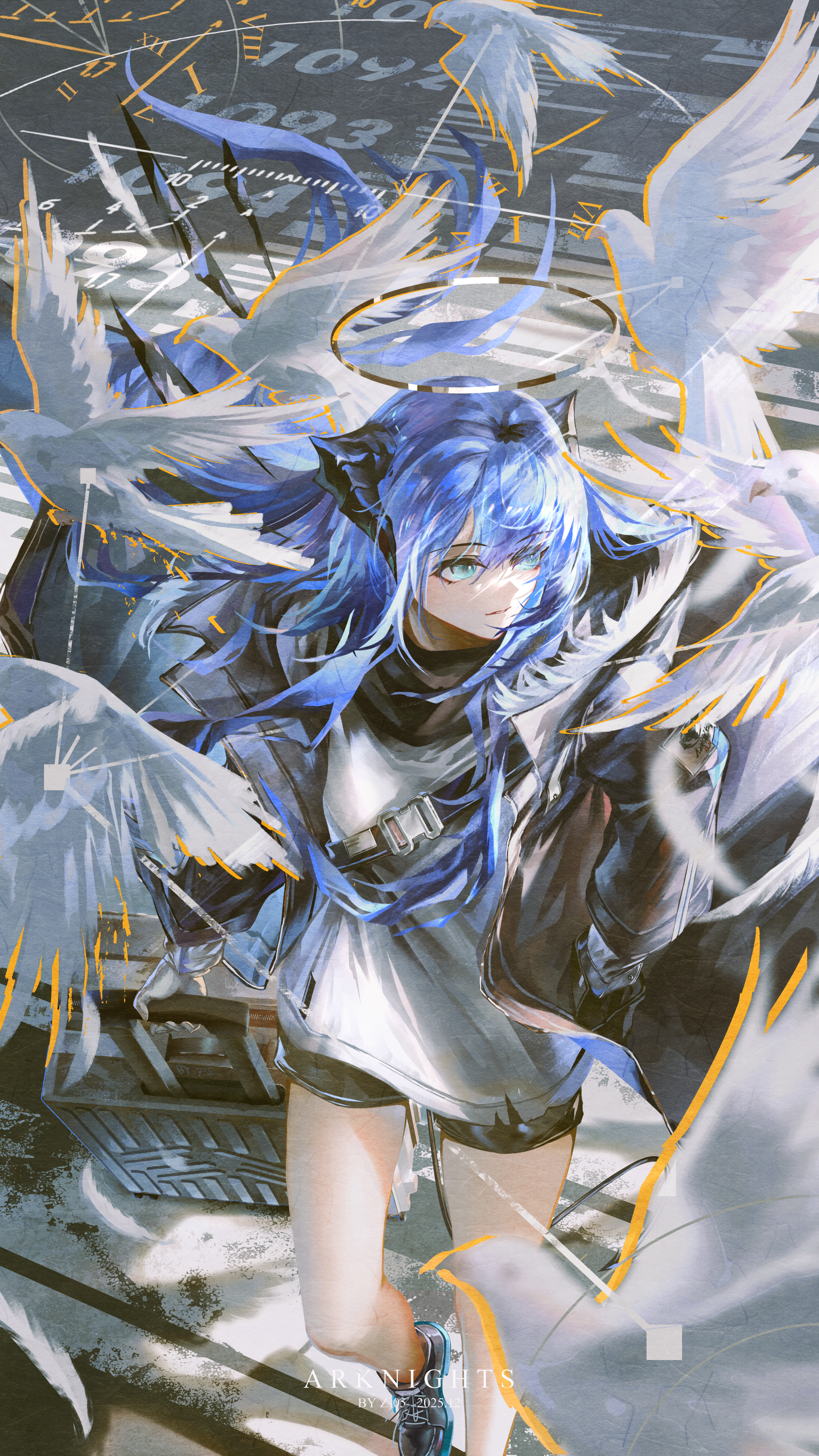 z 05, mostima (arknights), arknights, absurdres, commentary request, highres, 1girl, aqua eyes, bare legs, bird, black coat, black scarf, black shoes, black shorts, blue hair, coat, copyright name, dove, fur-trimmed coat, fur trim, gloves, halo, hood, hood down, hooded coat, horns, long hair, long sleeves, looking to the side, parted lips, rolling suitcase, scarf, shirt, shoes, short shorts, shorts, solo, suitcase, timeline, very long hair, walking, white gloves, white shirt