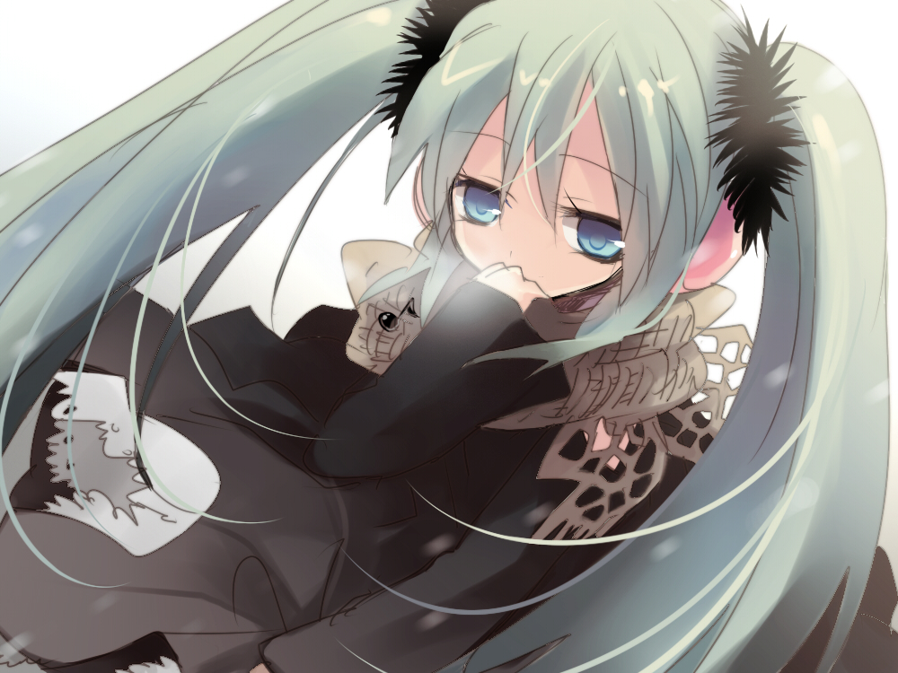 hanepochi, hatsune miku, vocaloid, bad id, bad pixiv id, 1girl, aqua eyes, aqua hair, coat, female focus, long hair, scarf, solo, twintails
