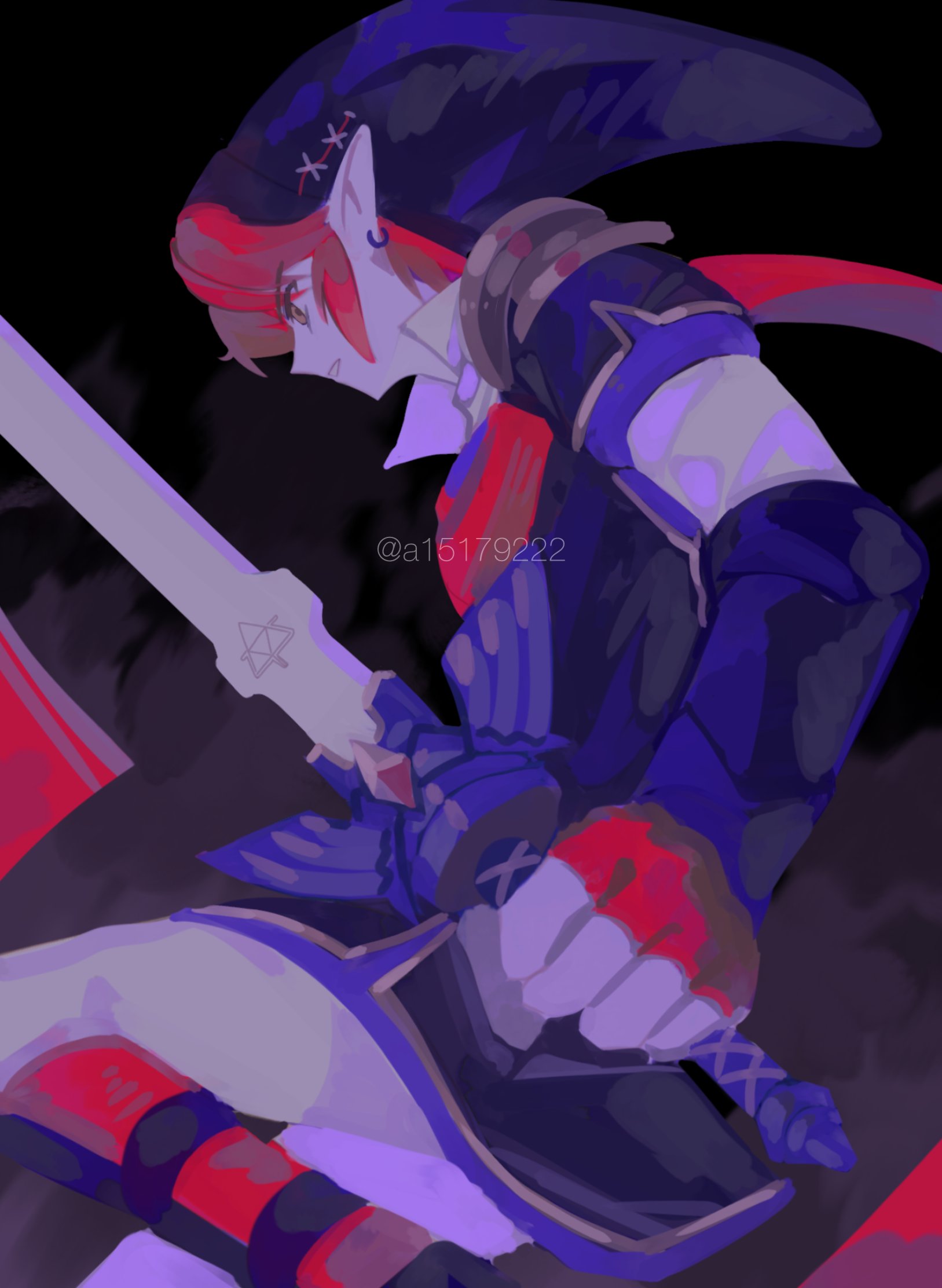 a15179222, link, hyrule warriors, nintendo, the legend of zelda, commentary request, highres, 1boy, alternate color, black hat, black tunic, boots, collared shirt, earrings, fingerless gloves, gloves, grey pants, hat, holding, holding sword, holding weapon, jewelry, male focus, master sword, pants, parted lips, phrygian cap, pointy ears, red gloves, red hair, shirt, short hair, sidelocks, solo, sword, tunic, twitter username, weapon, white shirt