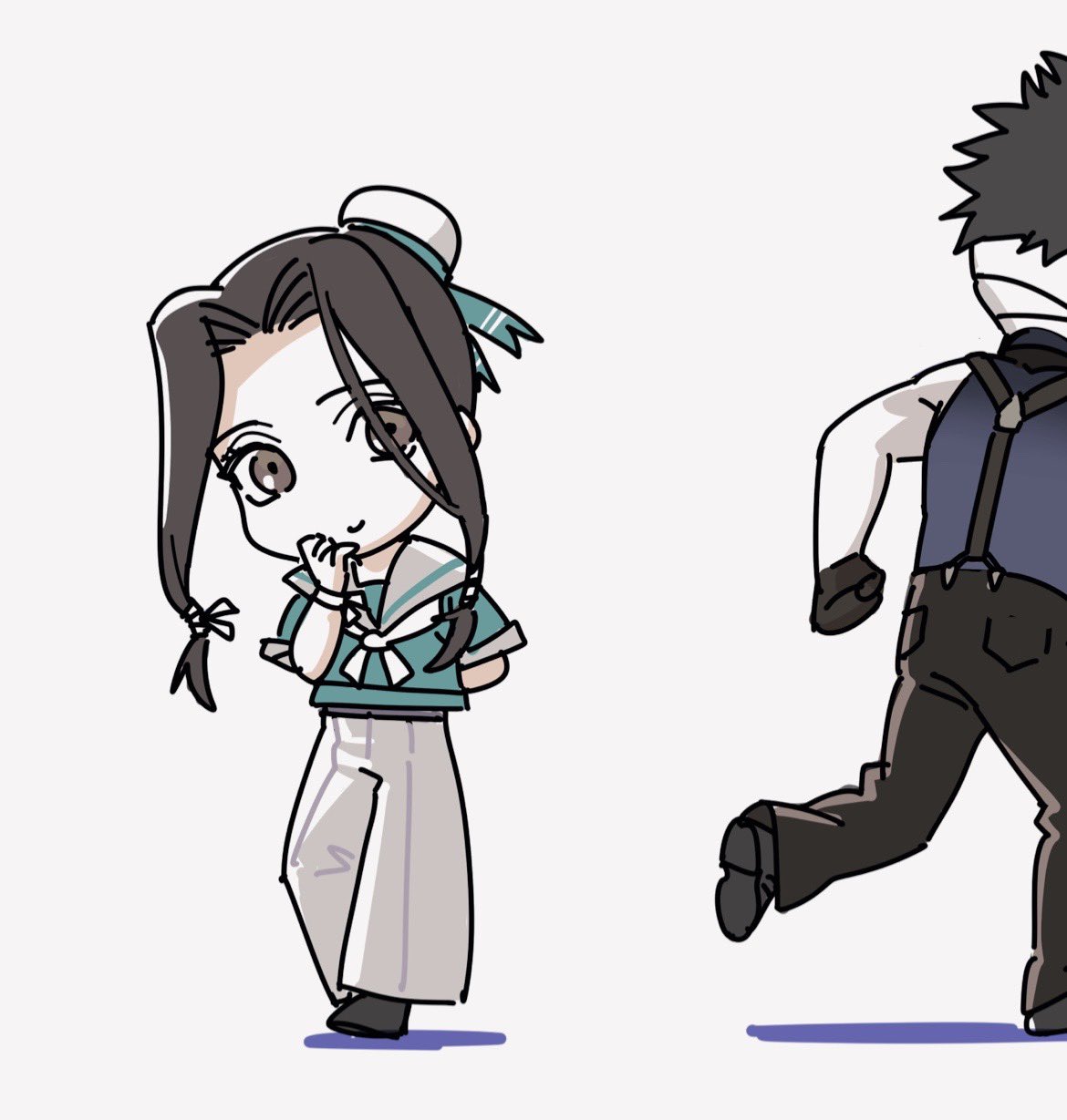 o hqfu, haku (naruto), momochi zabuza, naruto (classic), naruto (series), highres, 2boys, alternate costume, androgynous, aqua shirt, arm behind back, black eyes, black gloves, black hair, gloves, grey pants, hat, long hair, low-tied long hair, male focus, mini hat, multiple boys, pants, sailor collar, sailor hat, sailor shirt, shirt, suspenders, wristband