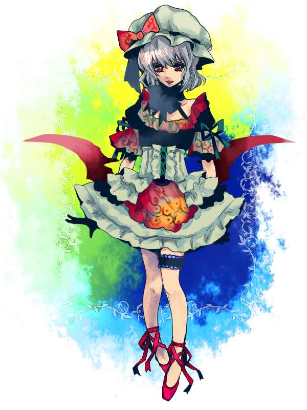 shiba roken, tsuneaki (dosnan), remilia scarlet, touhou, silver hair, bad id, bad pixiv id, 1girl, bat wings, female focus, hat, red eyes, short hair, solo, wings