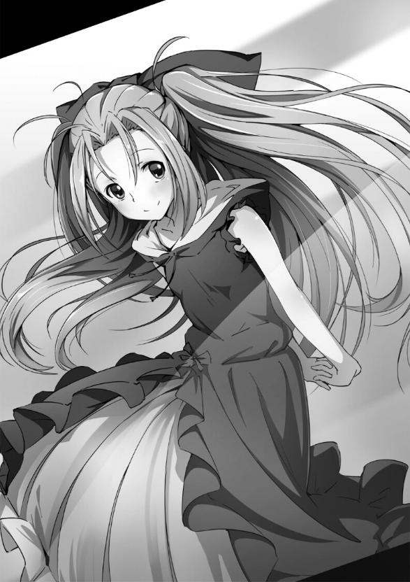 fukuda tomonori, yukifune airi, robotics;notes, science adventure, official art, 1girl, arms behind back, black dress, blue bow, bow, dress, frilled dress, frilled skirt, frilled sleeves, frills, grey hair, greyscale, hair between eyes, hair bow, interlocked fingers, long hair, monochrome, puffy short sleeves, puffy sleeves, screen, short sleeves, skirt, solo, tareme, twintails