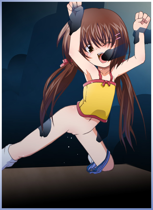 ryuu ryuu, hayami ayumi, submarine 707r, eyebrows, invisible man, 00s, 1girl, armpits, arms up, bare shoulders, blush, bottomless, bow, brown eyes, brown hair, cleft of venus, clenched hands, collarbone, doggystyle, fellatio, flat chest, forced, groin, group sex, hair bow, hair ornament, hairclip, hetero, holding another's wrist, implied sex, invisible penis, irrumatio, kneehighs, loli, long hair, multiple boys, navel, one eye closed, open mouth, oral, panties, panties around leg, penis, pussy, pussy juice, rape, sex, sex from behind, socks, solo focus, spread legs, tears, teeth, thigh grab, tongue, twintails, underwear, white socks