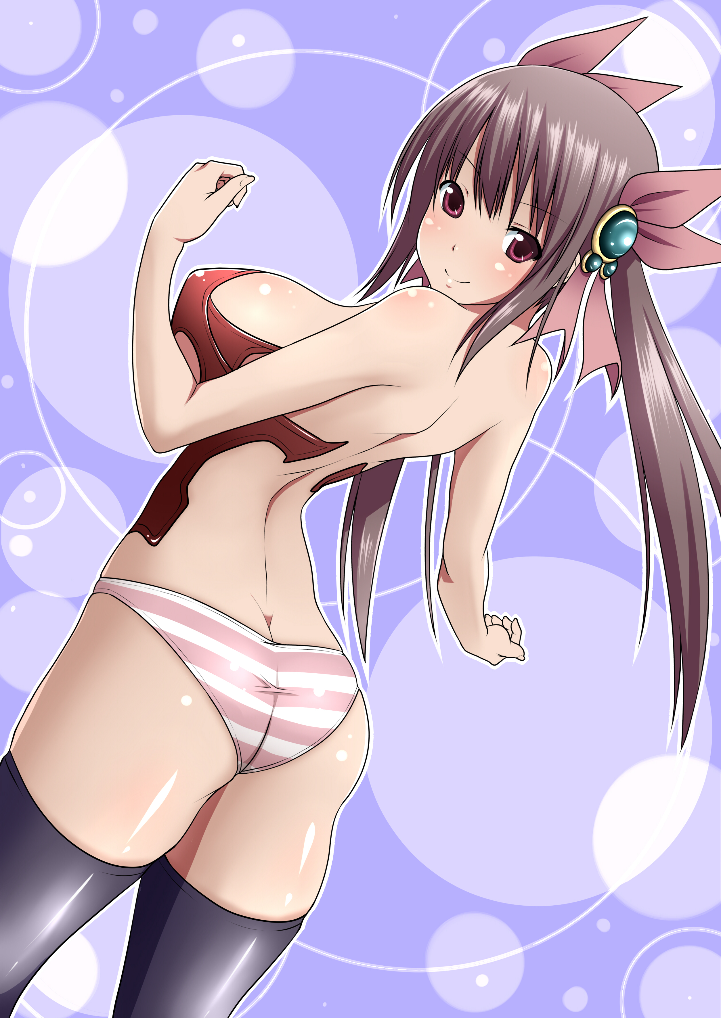 aoinagi, original, absurdres, highres, 1girl, ass, back, breasts, brown hair, butt crack, female focus, hair ornament, large breasts, looking back, panties, solo, striped clothes, striped panties, thighhighs, underwear