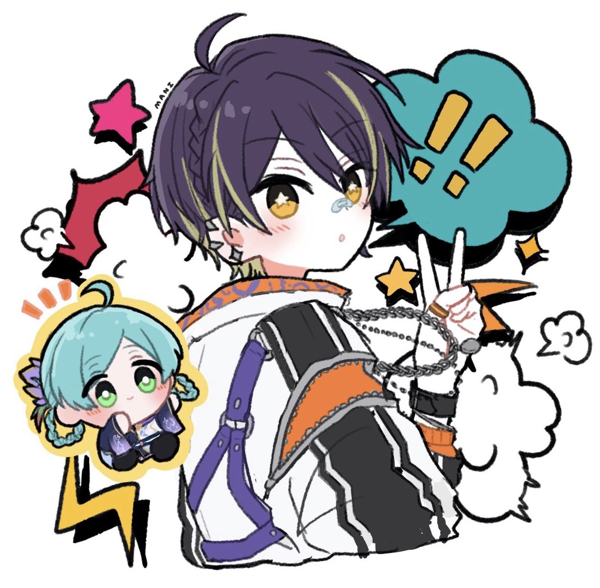 sengoku shinobu, shinkai kanata, ensemble stars!, commentary, highres, symbol-only commentary, !, !!, 2boys, ahoge, artist name, bandaid, bandaid on face, bandaid on nose, braid, bright me up!! (ensemble stars!), bright pupils, chibi, closed mouth, ear piercing, earrings, green eyes, hand up, jewelry, lightning bolt symbol, long sleeves, male focus, mani (pukakaka09), multiple boys, natsukoi (ensemble stars!), necklace, notice lines, official alternate costume, official alternate hairstyle, parted bangs, piercing, ring, short hair, smile, star-shaped pupils, star (symbol), symbol-shaped pupils, twin braids, v, white background, white pupils, zipper