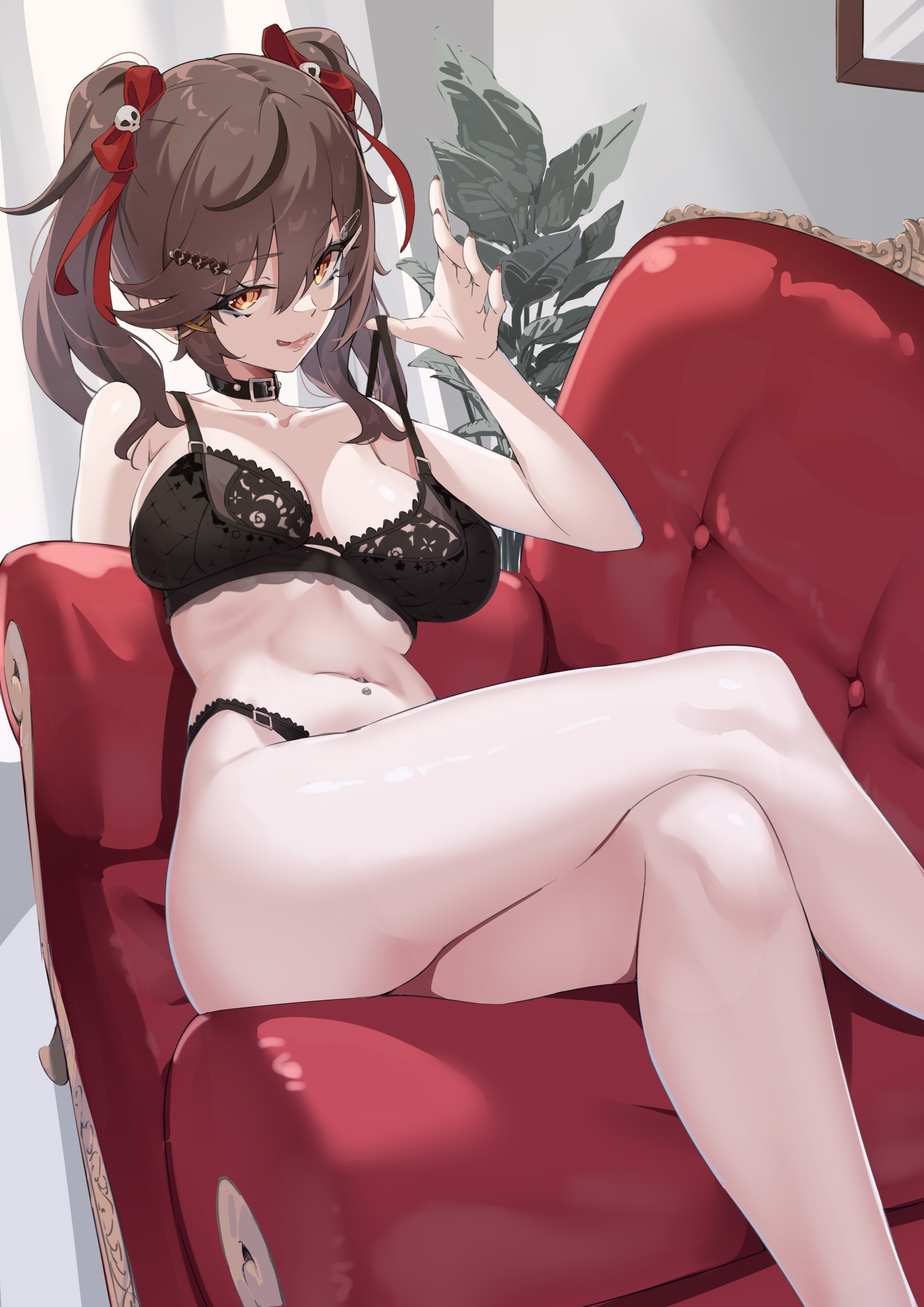 nukege ojisan, original, absurdres, commentary request, highres, 1girl, :q, armchair, bare arms, bare legs, bare shoulders, black bra, black hair, black panties, bra, breasts, brown hair, buckle, chair, cleavage, closed mouth, collar, crossed legs, feet out of frame, fingernails, hair between eyes, hair ornament, hair ribbon, hairclip, indoors, large breasts, legs, long fingernails, looking at viewer, lying, medium hair, multicolored hair, nail polish, navel, navel piercing, on back, orange eyes, panties, piercing, plant, potted plant, red nails, red ribbon, ribbon, skull hair ornament, smile, solo, strap lift, streaked hair, tongue, tongue out, twintails, two-tone hair, underwear