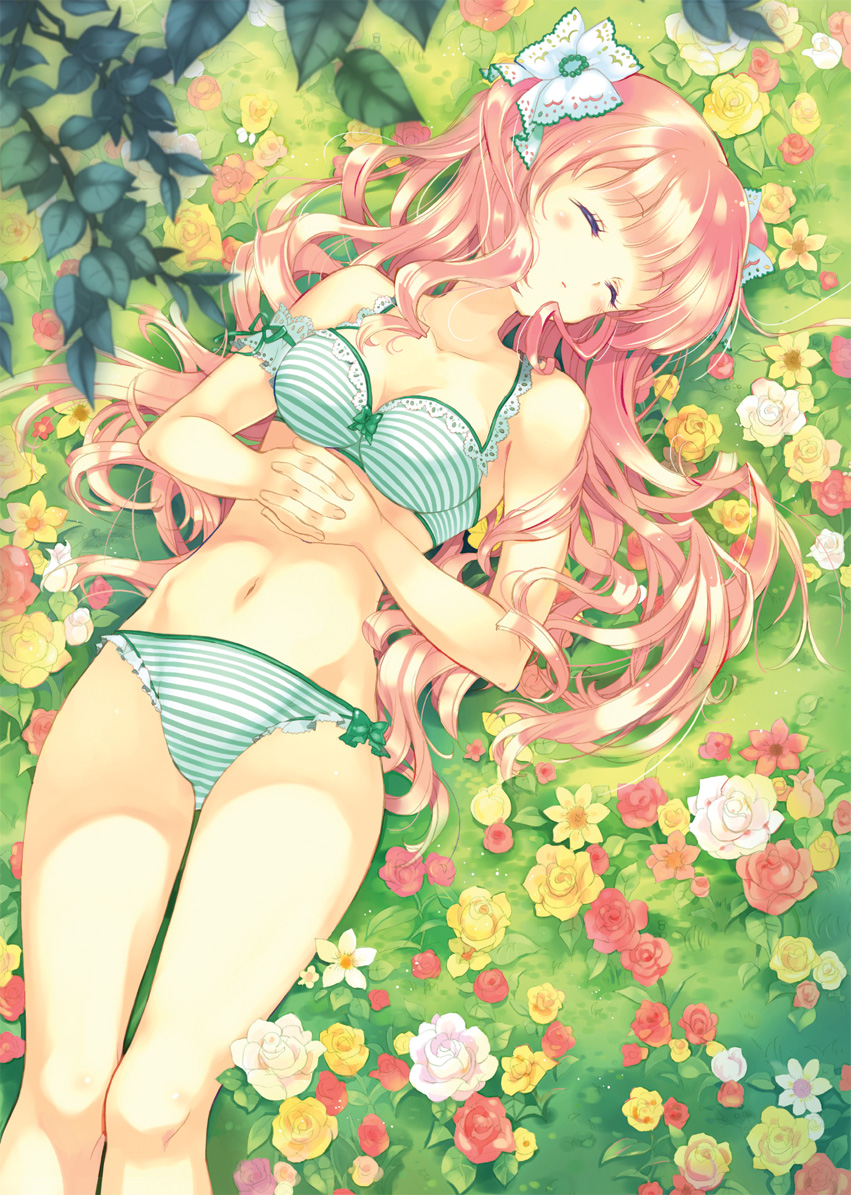 takeda mika, original, bad id, 1girl, bra, closed eyes, female focus, field, flower, frills, hair ornament, lingerie, long hair, lying, on back, own hands clasped, own hands together, panties, pink hair, side-tie panties, sleeping, solo, striped bra, striped clothes, striped panties, thighs, twintails, underwear, underwear only, very long hair