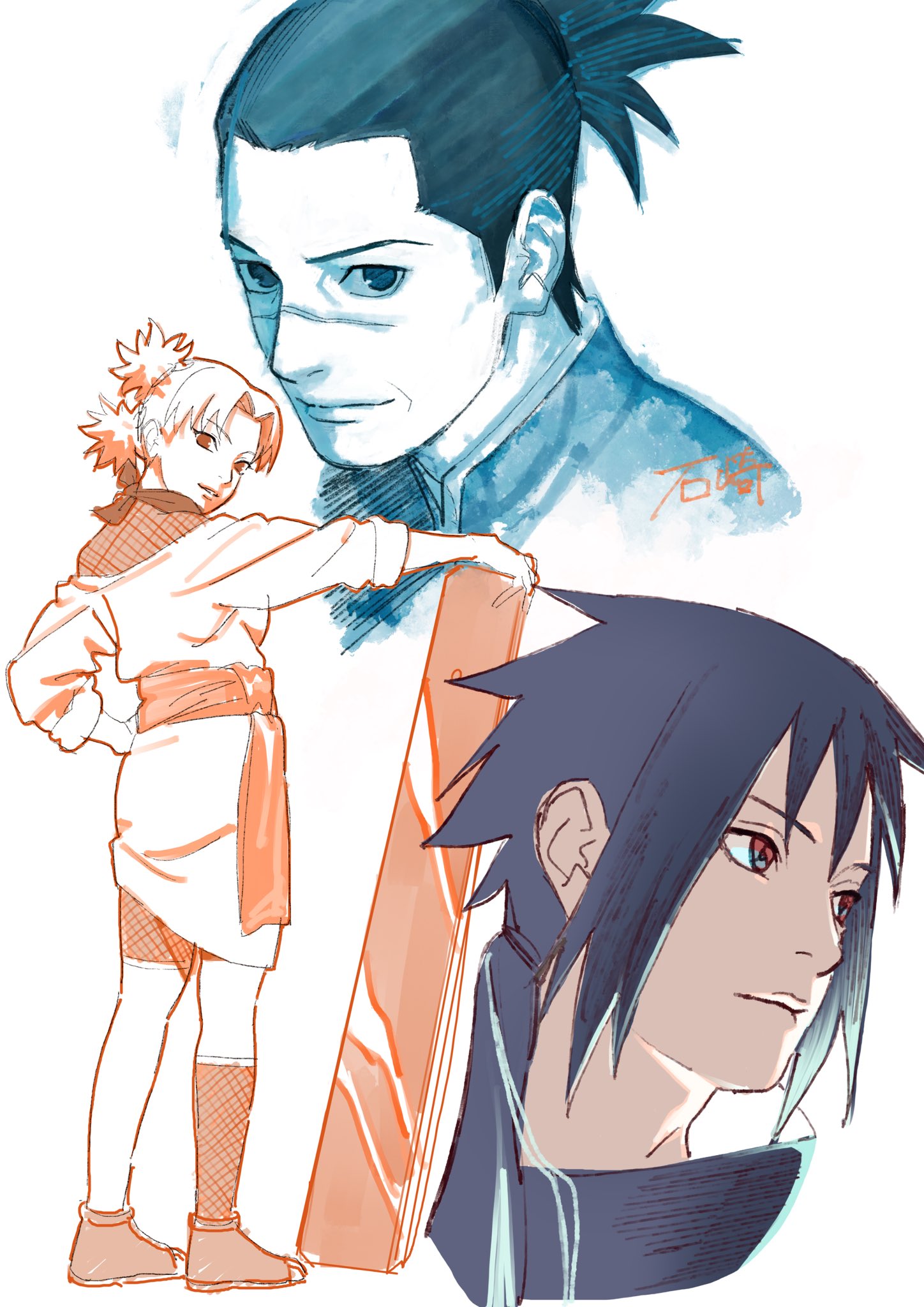 o hqfu, temari (naruto), uchiha sasuke, umino iruka, naruto (classic), naruto (series), highres, 1girl, 2boys, black hair, fishnet socks, fishnets, hand on own hip, limited palette, multiple boys, orange eyes, ponytail, scar, scar on face, scar on nose, sharingan, short ponytail, signature, single sock, socks