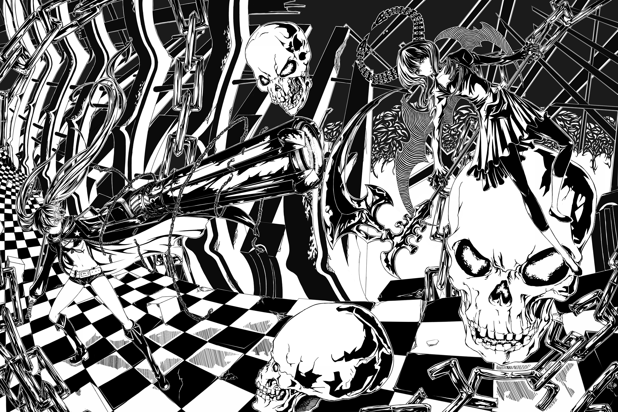 todee, black rock shooter (character), dead master, black rock shooter, highres, 10s, 2girls, arm cannon, battle, belt, bikini, bikini top only, black hair, boots, cannon, chain, checkered floor, coat, creepy, curly hair, epic, glowing, glowing eyes, greyscale, gun, high contrast, horns, horror (theme), huge weapon, jacket, leggings, long hair, menacing face, midriff, monochrome, multiple girls, navel, scar, scythe, shorts, skull, smile, swimsuit, sword, twintails, uneven twintails, very long hair, weapon