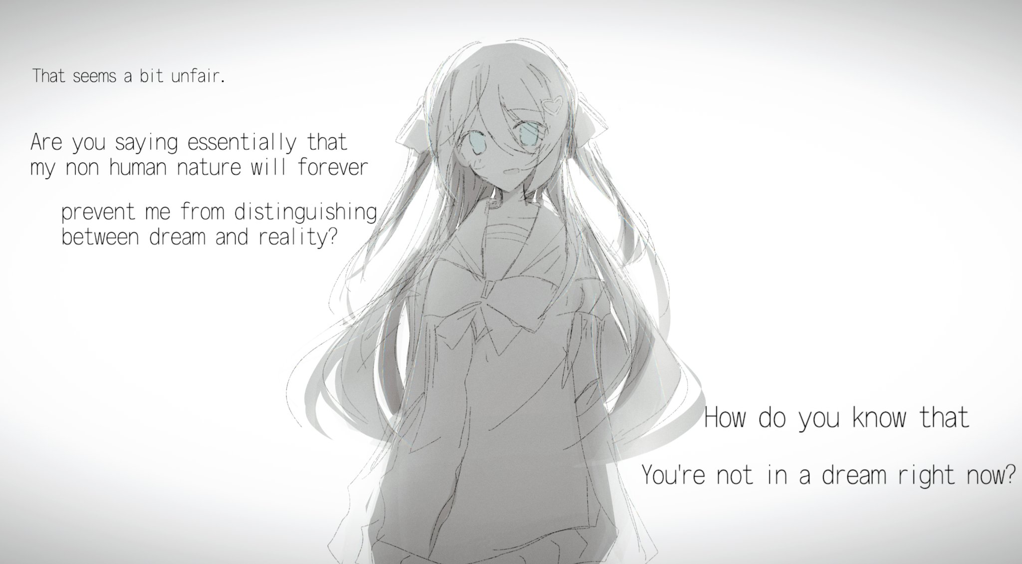 neuro-sama, highres, 1girl, blue eyes, bow, bowtie, cardigan, e douraze, english text, hair between eyes, hair ornament, hair ribbon, heart, heart hair ornament, light blush, long hair, looking at viewer, off-shoulder cardigan, open mouth, ribbon, school uniform, serafuku, solo, spot color, two side up, upper body, vedal ai, vignetting, white background