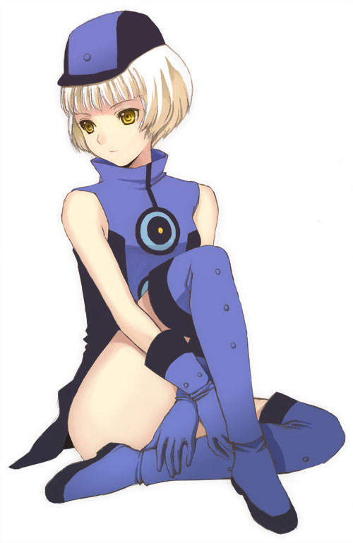 seiru (prairie), elizabeth (persona), atlus, persona, persona 3, 1girl, bare shoulders, boots, female focus, gloves, hat, no legwear, short hair, sleeveless, solo, thighhighs, white hair, yellow eyes