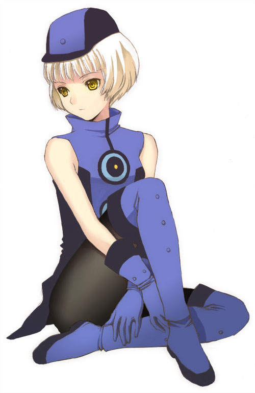 seiru (prairie), elizabeth (persona), atlus, persona, persona 3, 1girl, bare shoulders, boots, female focus, gloves, hat, pantyhose, short hair, sleeveless, solo, white background, white hair, yellow eyes