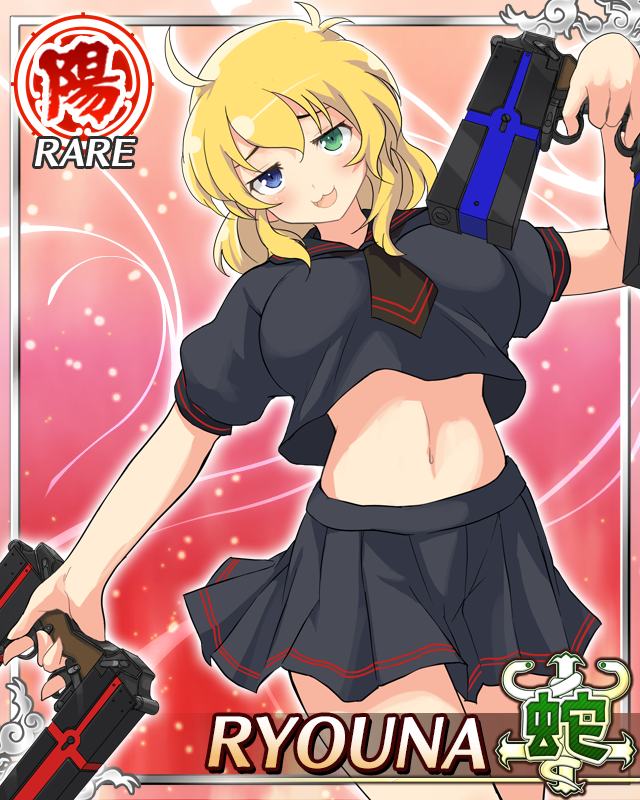 ryouna (senran kagura), senran kagura, senran kagura new wave, game cg, official art, third-party source, 1girl, :3, arms up, black necktie, black sailor collar, black shirt, black skirt, blonde hair, blue eyes, border, breasts, card (medium), character name, crop top, cropped shirt, dual wielding, green eyes, gun, handgun, hebijo academy school uniform, heterochromia, holding, holding gun, holding weapon, large breasts, looking at viewer, medium hair, messy hair, midriff, navel, necktie, open mouth, sailor collar, school uniform, shirt, skirt, smile, solo, weapon