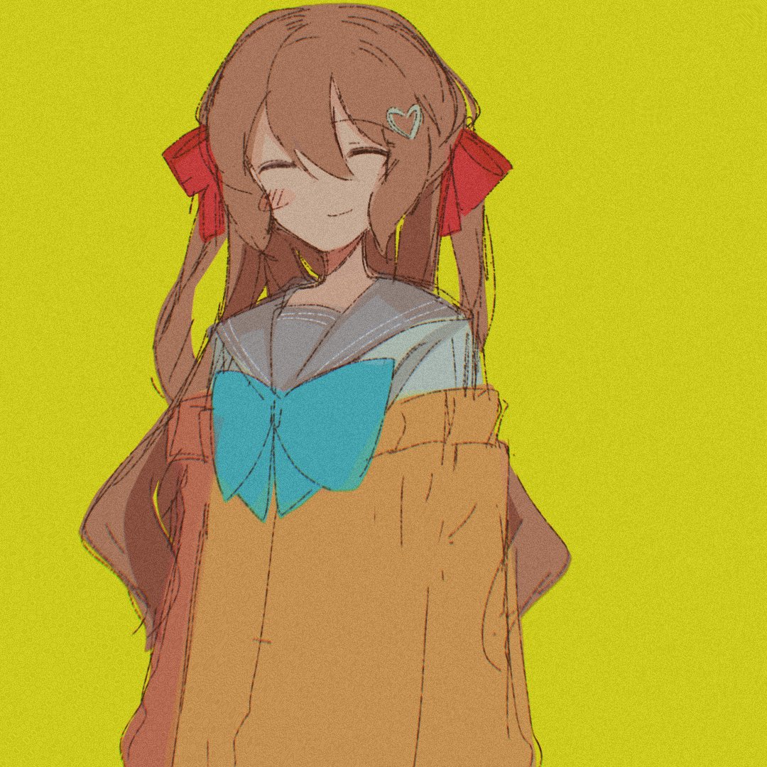 neuro-sama, 1girl, blue bow, blue bowtie, blush stickers, bow, bowtie, brown hair, cardigan, closed eyes, closed mouth, double-parted bangs, e douraze, facing viewer, film grain, grey sailor collar, hair between eyes, hair ornament, hair ribbon, heart, heart hair ornament, long hair, off-shoulder cardigan, red ribbon, ribbon, sailor collar, school uniform, serafuku, simple background, single blush sticker, smile, solo, two side up, upper body, vedal ai, yellow background, yellow cardigan