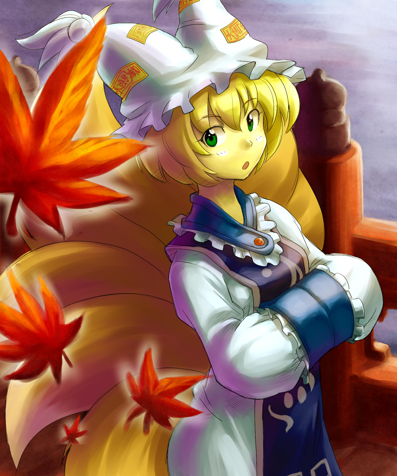 mizuno (okn66), okn66, yakumo ran, touhou, bad id, bad pixiv id, highres, 1girl, blonde hair, female focus, green eyes, hands in opposite sleeves, leaf, maple leaf, multiple tails, solo, tail