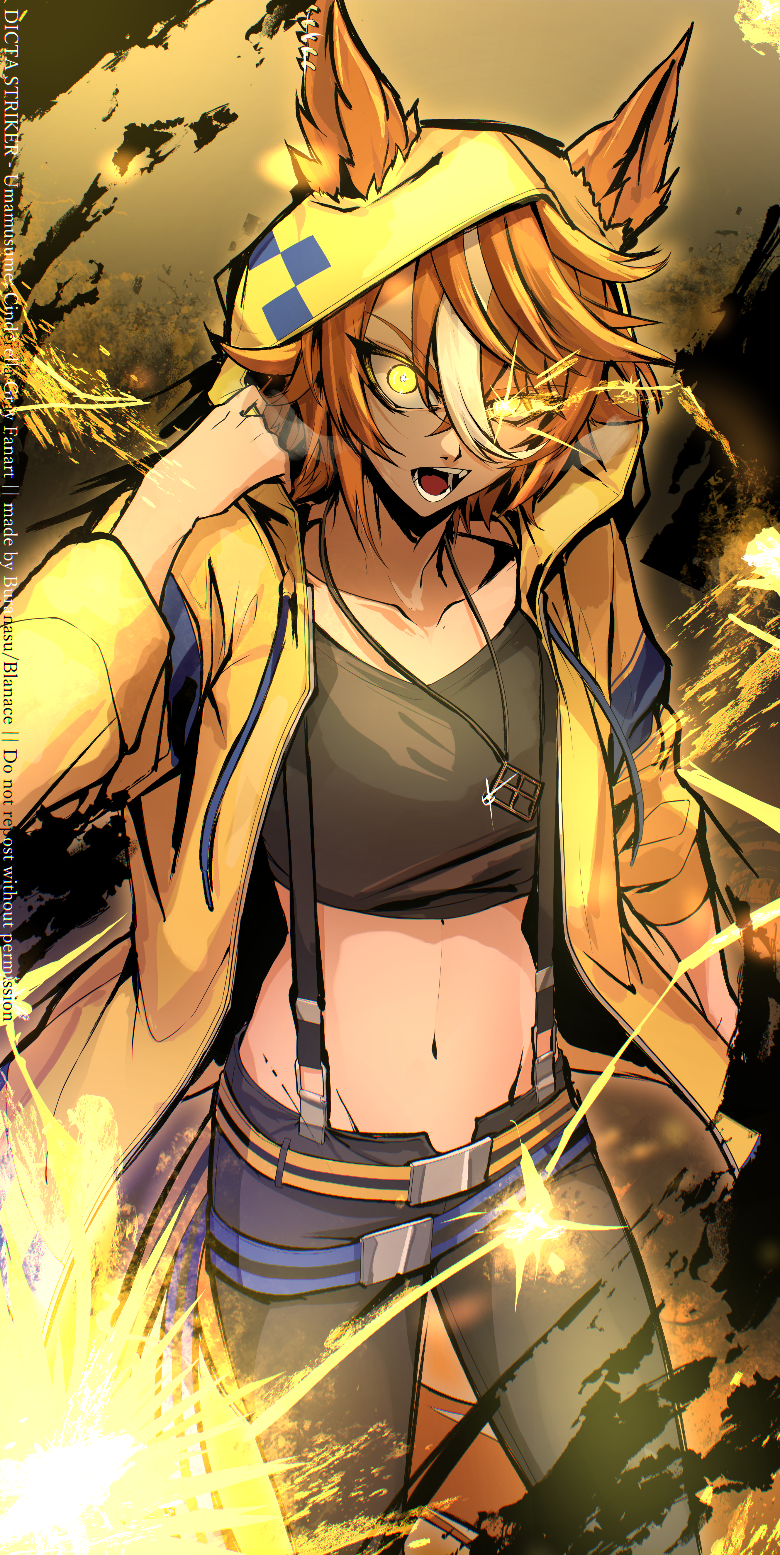 blanace, umamusume, umamusume: cinderella gray, absurdres, commentary request, highres, animal ears, black leggings, black shirt, breasts, brown hair, collarbone, cropped shirt, dicta striker (umamusume), ears through headwear, ears through hood, eye trail, glowing, glowing eyes, hair between eyes, hood, hooded jacket, hoodie, horse ears, horse girl, horse tail, jacket, jewelry, leggings, leggings under shorts, light trail, long sleeves, looking at viewer, midriff, multicolored hair, navel, necklace, open mouth, shirt, short hair, shorts, sparks, streaked hair, suspenders, tail, teeth, white hair, yellow eyes, yellow hood, yellow hoodie, yellow jacket