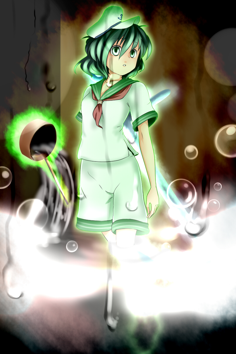 miki purasu, murasa minamitsu, touhou, highres, 1girl, anchor, black hair, empty eyes, female focus, ghost, green eyes, hat, hishaku, ladle, sailor, sailor collar, sailor hat, short hair, solo