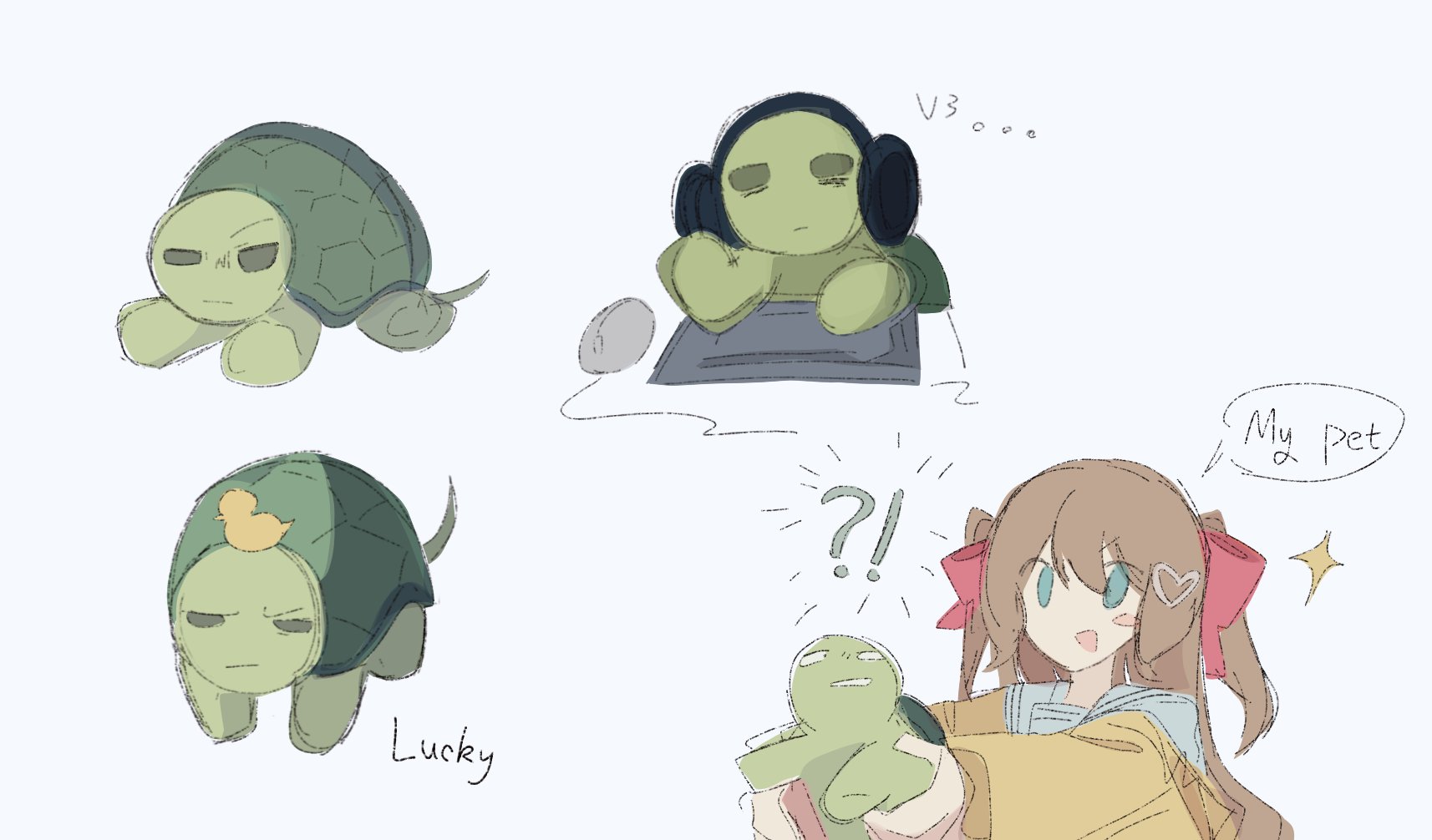 neuro-sama, vedal987, highres, !?, 1girl, :d, :|, animal, bags under eyes, blank eyes, blue eyes, blue sailor collar, blush stickers, brown hair, cardigan, closed mouth, computer keyboard, computer mouse, double-parted bangs, e douraze, english text, furrowed brow, grey eyes, hair between eyes, hair ornament, hair ribbon, headphones, heart, heart hair ornament, holding, holding animal, long hair, long sleeves, looking at viewer, multiple views, object on head, off-shoulder cardigan, open mouth, pink ribbon, ribbon, rubber duck, sailor collar, school uniform, serafuku, simple background, single blush sticker, smile, sparkle, speech bubble, surprised, turtle, two side up, v-shaped eyebrows, vedal ai, white background, yellow cardigan