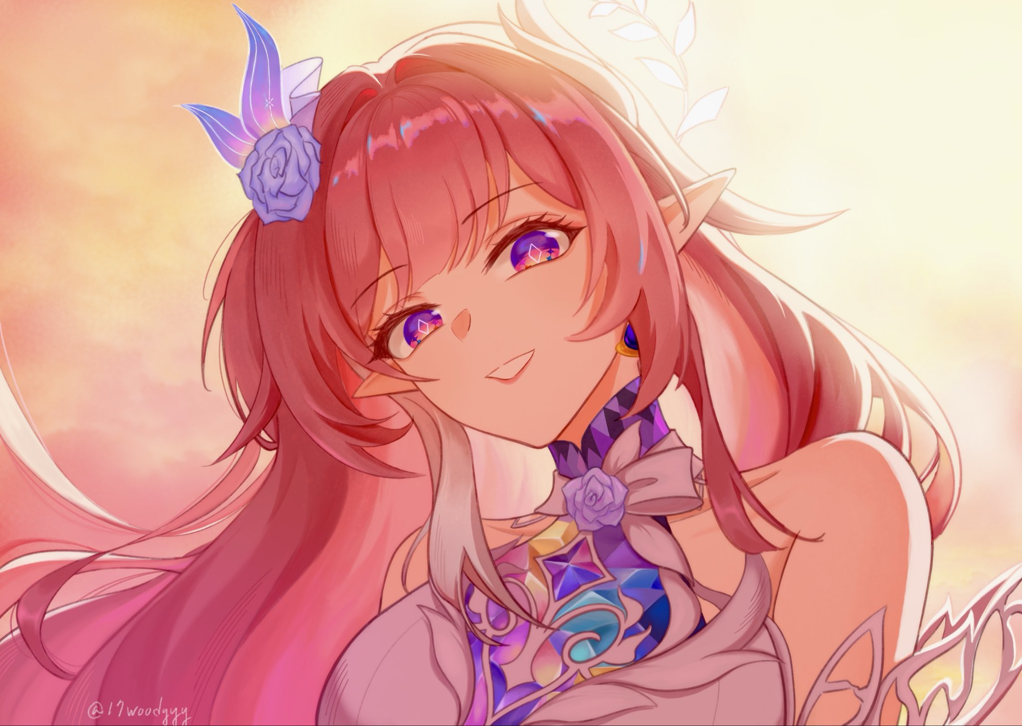 cyrene (honkai: star rail), honkai: star rail, honkai (series), commentary request, highres, 17woodyyy, 1girl, bare shoulders, breasts, cyrene (demiurge) (honkai: star rail), diamond-shaped pupils, diamond (shape), dress, earrings, flower, hair flower, hair ornament, jewelry, large breasts, long hair, looking at viewer, multicolored hair, pink hair, pointy ears, purple eyes, sky, smile, solo, symbol-shaped pupils, twitter username, two-tone hair, upper body, very long hair, white dress, white hair