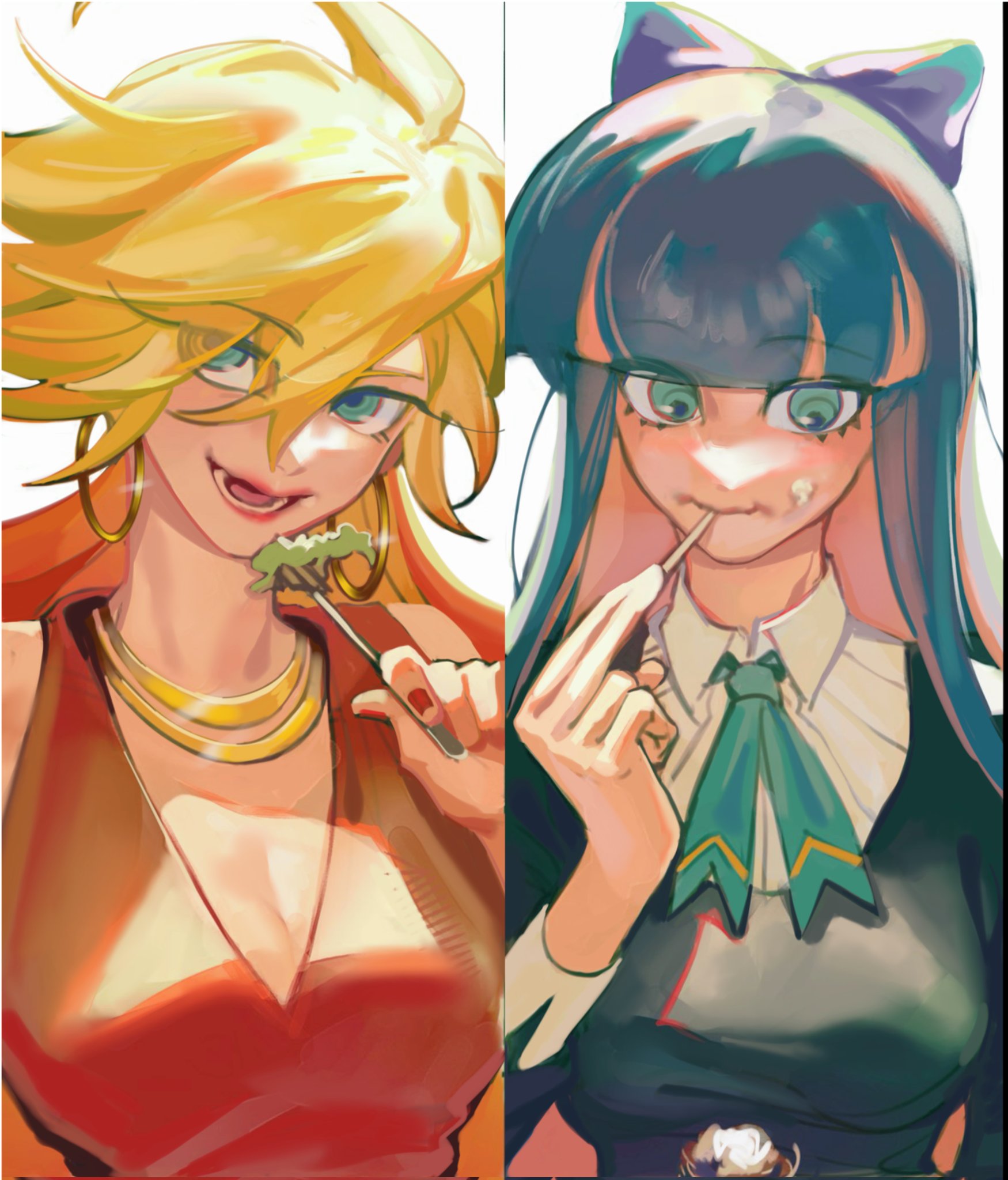 guru.zong, panty (psg), stocking (psg), panty & stocking with garterbelt, highres, 2girls, black dress, blonde hair, blue eyes, breasts, dress, eating, large breasts, long hair, looking at viewer, medium breasts, multiple girls, purple hair, short dress, siblings, sisters