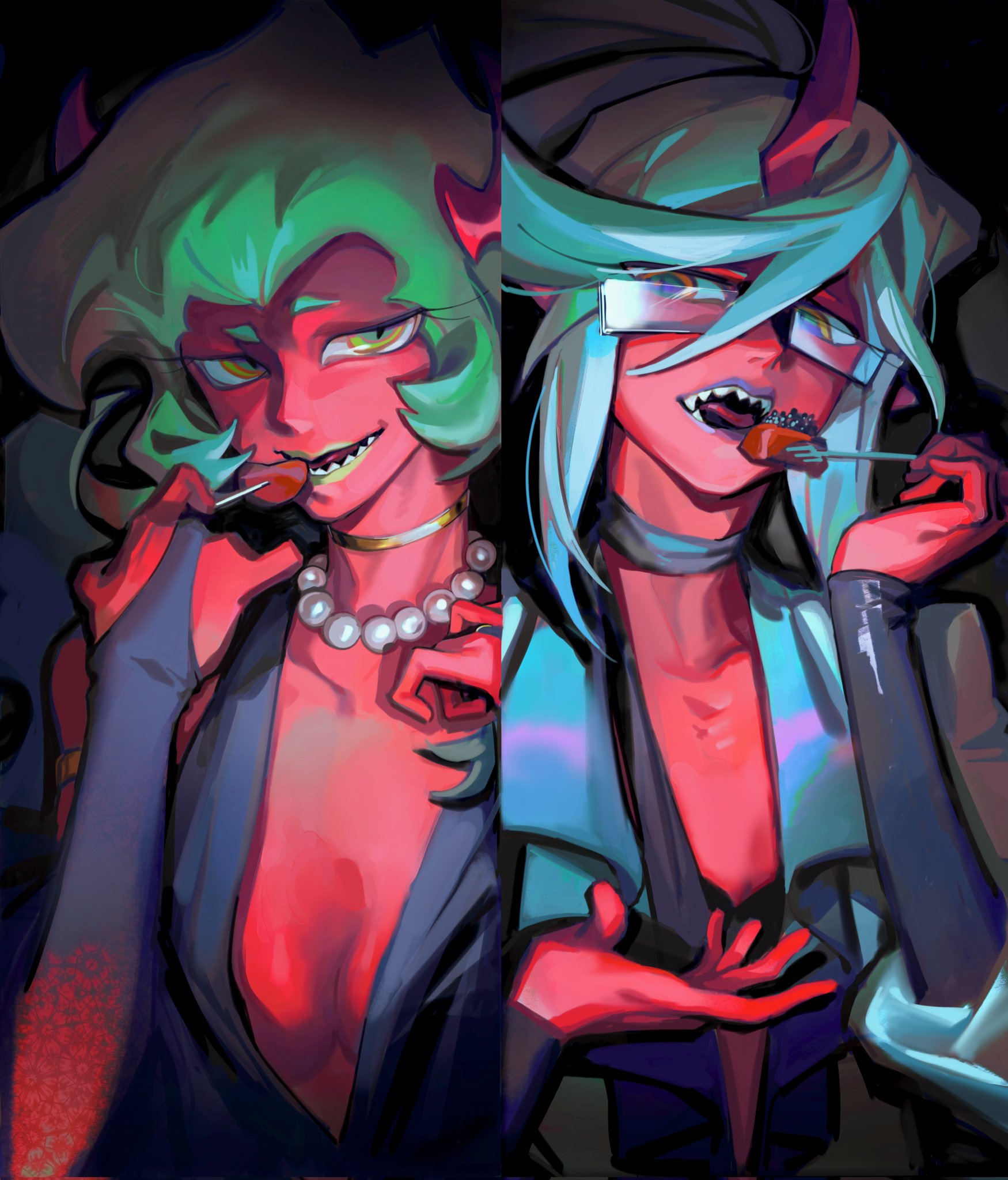 guru.zong, panty (psg), stocking (psg), panty & stocking with garterbelt, highres, 2girls, black dress, blue hair, breasts, demon girl, demon horns, dress, eating, green eyes, green hair, horns, large breasts, long hair, looking at viewer, multiple girls, siblings, sisters, small breasts