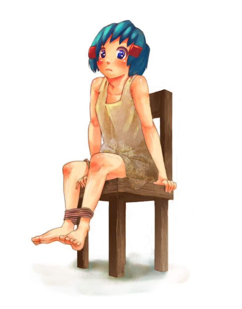 natsuki (sunmanday), bad id, bad pixiv id, barefoot, blue eyes, blue hair, blush, chair, feet, flat chest, on chair, panties, panties around ankles, panty pull, underwear