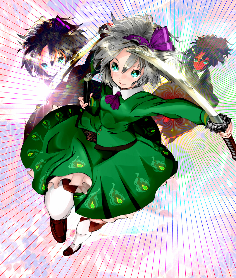 reri, konpaku youmu, touhou, silver hair, bad id, bad pixiv id, 1girl, female focus, green eyes, hairband, katana, ribbon, short hair, skirt, solo, sword, weapon