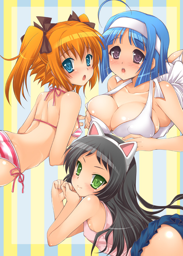 koari, hazuki kurumi, kannazuki aoi, minazuki haruka (twin angel), kaitou tenshi twin angel, twin angel, 10s, 3girls, :o, ahoge, animal ears, apron, ass, back, bikini, black hair, blue eyes, blue hair, blush, breast press, breasts, cat ears, cleavage, covered erect nipples, flat chest, green eyes, hair ribbon, hairband, large breasts, looking back, lying, micro bikini, multiple girls, on stomach, one-piece swimsuit, open mouth, orange hair, purple eyes, ribbon, side-tie bikini bottom, smile, striped bikini, striped clothes, swimsuit, twintails