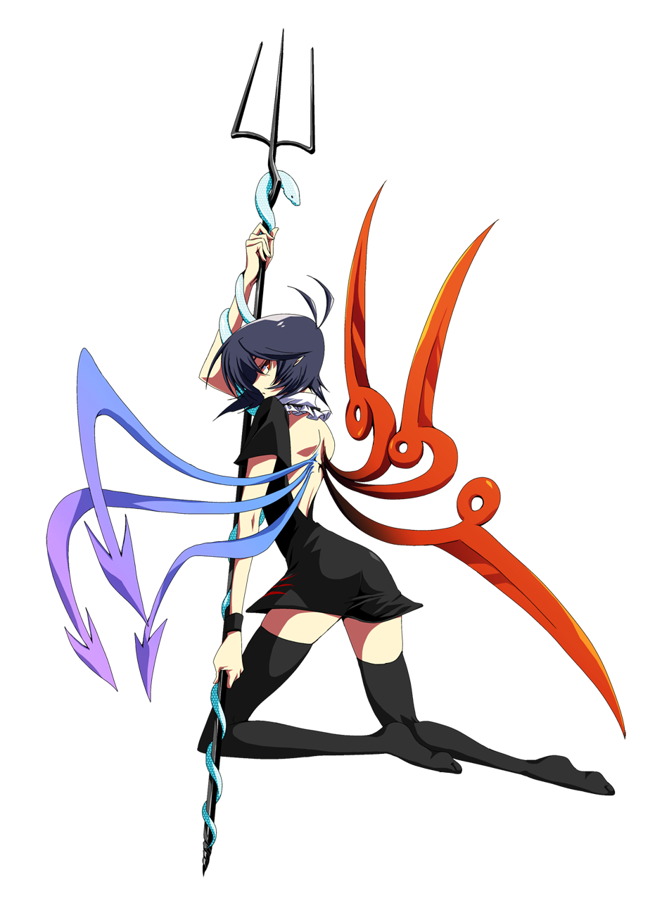 am (blackant), houjuu nue, touhou, bad id, bad pixiv id, highres, 1girl, back, backless outfit, bare back, black hair, black thighhighs, dress, female focus, polearm, red eyes, short hair, simple background, snake, solo, spear, thighhighs, trident, weapon, wings, zettai ryouiki