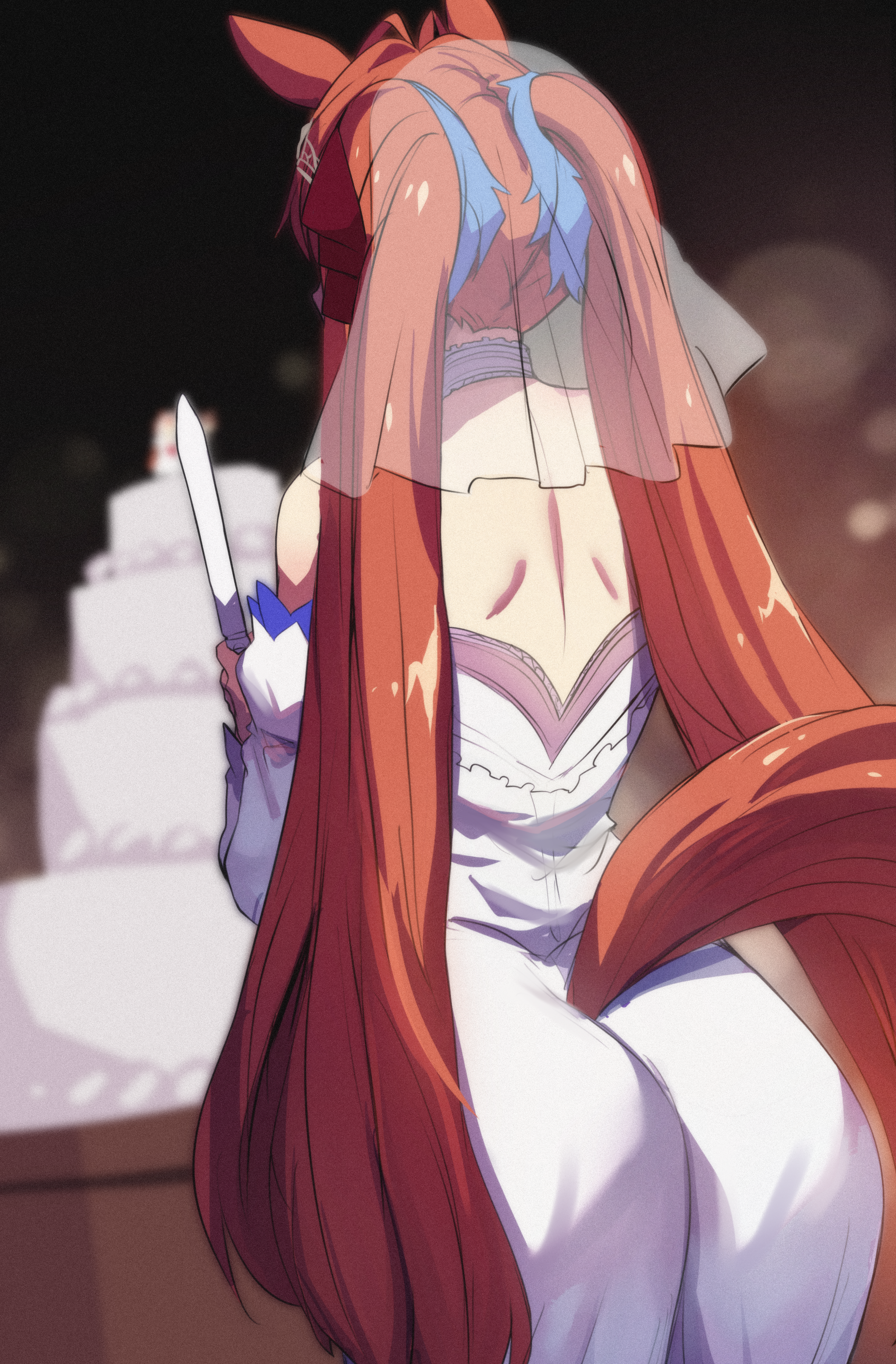 hinghoi, daiwa scarlet (umamusume), umamusume, absurdres, commentary, english commentary, highres, 1girl, animal ears, ass, back, backless dress, backless outfit, bridal veil, bride, brown hair, cake, dress, food, from behind, hair intakes, holding, holding knife, horse ears, horse girl, horse tail, huge ass, knife, long hair, orange hair, solo, tail, tiara, twintails, veil, very long hair, wedding cake, wedding dress, white dress