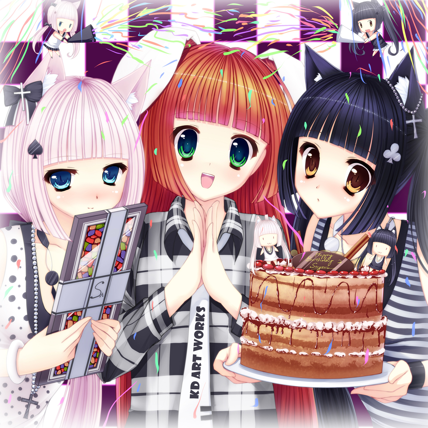 caidychen, chocola (nekopara), vanilla (nekopara), nekopara, original, bad id, bad pixiv id, highres, 10s, 3girls, animal ear fluff, animal ears, blue eyes, blunt bangs, brown hair, cake, cat ears, cat girl, character doll, chibi, clubs, cross, doll, food, green eyes, long hair, multiple girls, own hands together, pastry, pink hair, purple hair, rabbit ears, red eyes, siblings, sisters, smile, spade, twins, yellow eyes