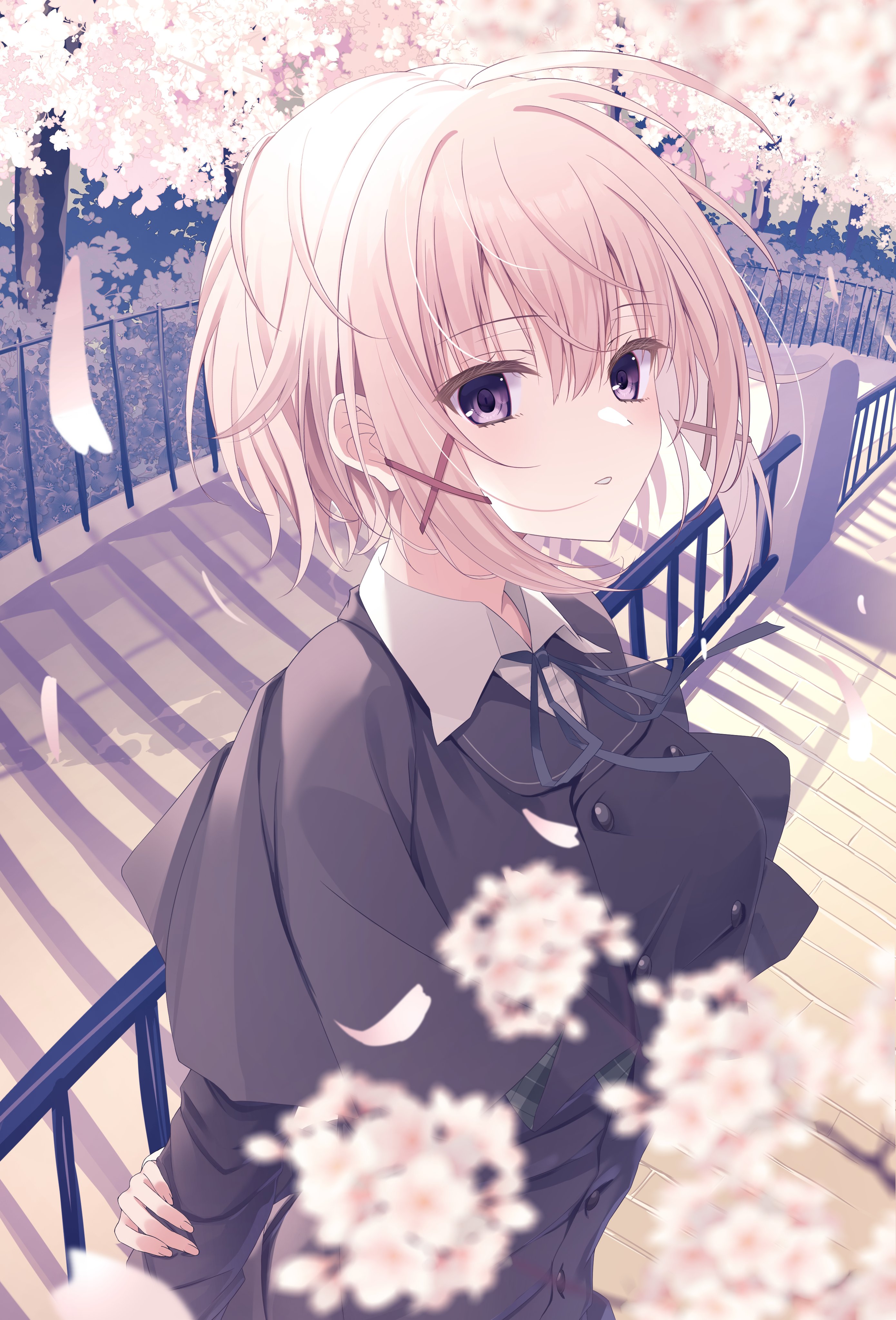 natsume shizuku, sakura no uta, absurdres, commentary request, highres, 1girl, arms behind back, black capelet, black jacket, black ribbon, capelet, cherry blossoms, fence, hair ornament, hand on own arm, iron fence, jacket, kimuratamashi, light smile, looking at viewer, neck ribbon, outdoors, parted lips, purple eyes, ribbon, school uniform, short hair, sidelocks, solo, wind, x hair ornament