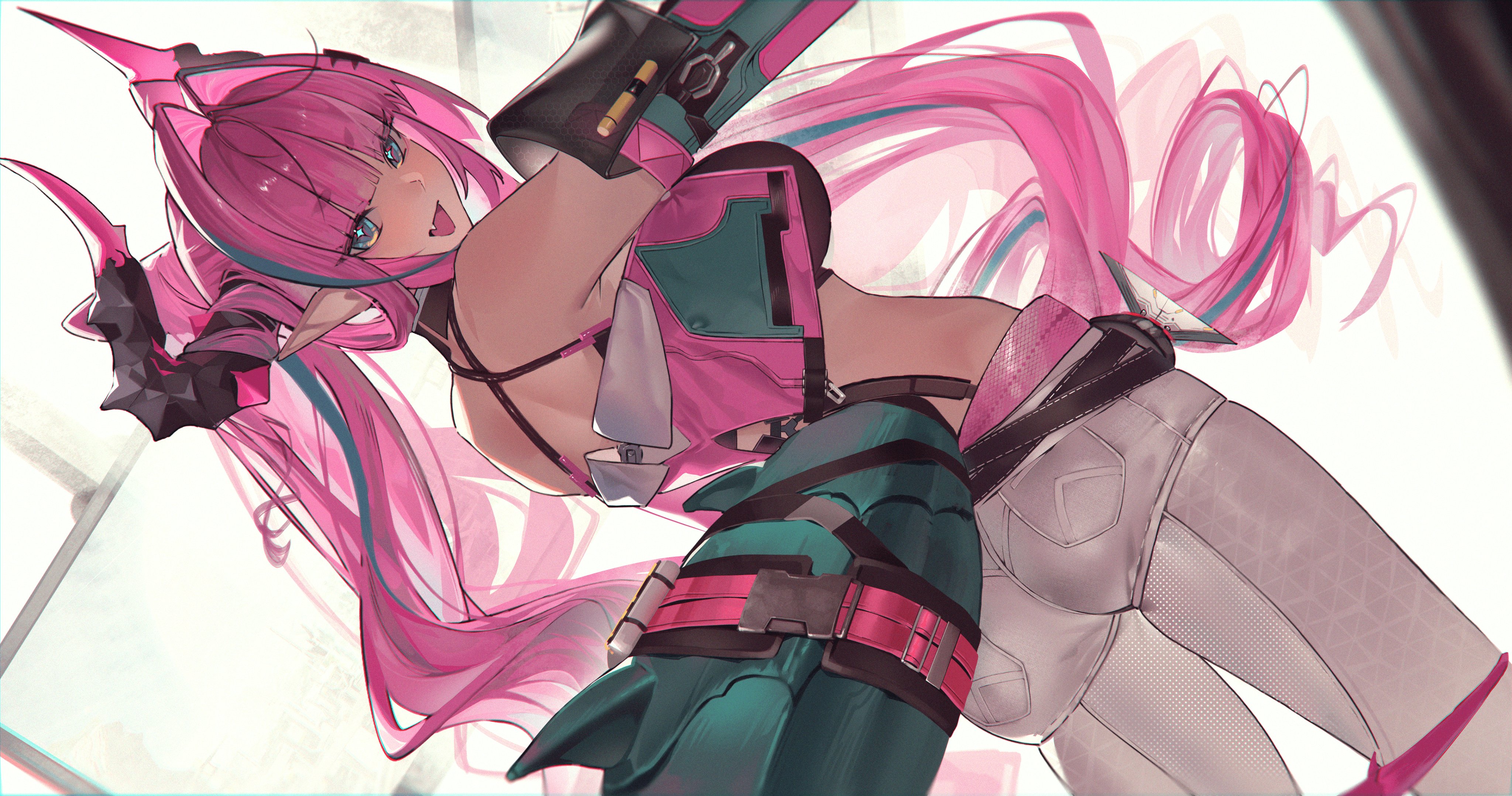 lufi ays, yvonne (arknights), arknights, arknights: endfield, absurdres, commentary, highres, 1girl, aqua eyes, ass, bare shoulders, black horns, breasts, cone hair bun, cropped jacket, detached sleeves, dutch angle, from behind, hair bun, hair intakes, horns, jacket, large breasts, long hair, long pointy ears, looking at viewer, looking back, multicolored hair, open mouth, pants, pink hair, pink jacket, pointy ears, smile, solo, streaked hair, tail, thick eyebrows, twintails, white pants