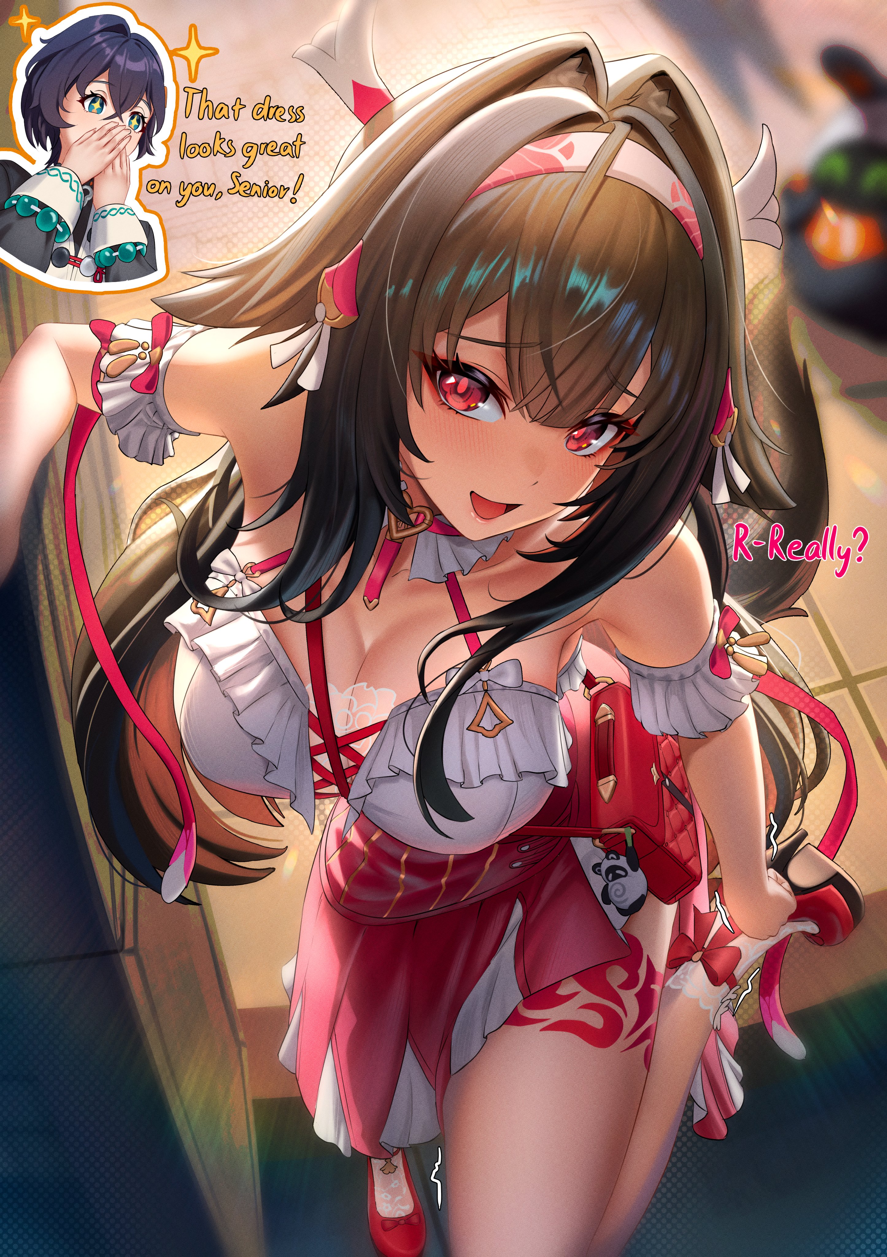 cruzvu, belle (delicate sunlight) (zenless zone zero), belle (zenless zone zero), eous (zenless zone zero), ye shunguang, zenless zone zero, absurdres, commentary, english commentary, highres, + +, 2girls, adjusting footwear, animal ear fluff, animal ears, arm garter, bare shoulders, blue hair, blurry, blurry background, breasts, brown hair, cleavage, covering own mouth, english text, fox ears, fox girl, fox tail, from above, hair flaps, hair intakes, hair ornament, hairband, hands up, high heels, large breasts, light blush, looking at viewer, multiple girls, official alternate costume, open mouth, red bag, red eyes, red pupils, red shoes, red skirt, shirt, shoes, shy, side slit, skirt, smile, solo focus, tail, white hairband, white shirt