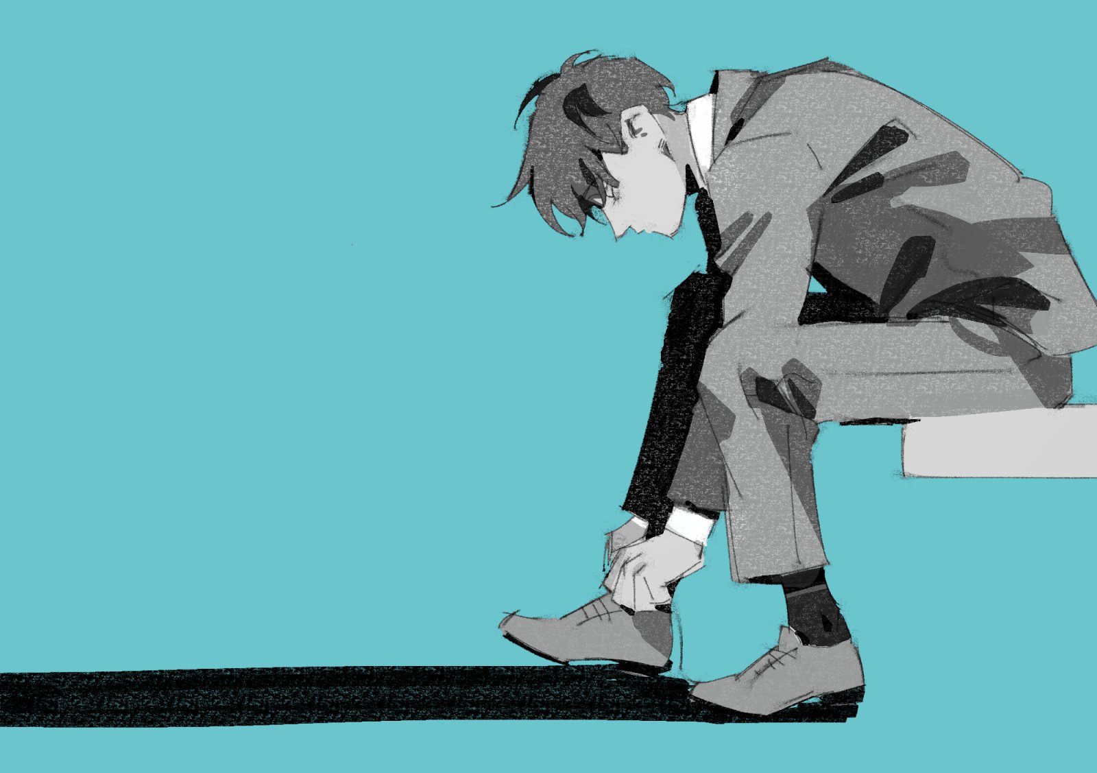 nemomosso, kim dokja, omniscient reader's viewpoint, commentary, highres, symbol-only commentary, 1boy, formal clothes, full body, jacket, leaning forward, male focus, short hair, sitting, solo, tying footwear