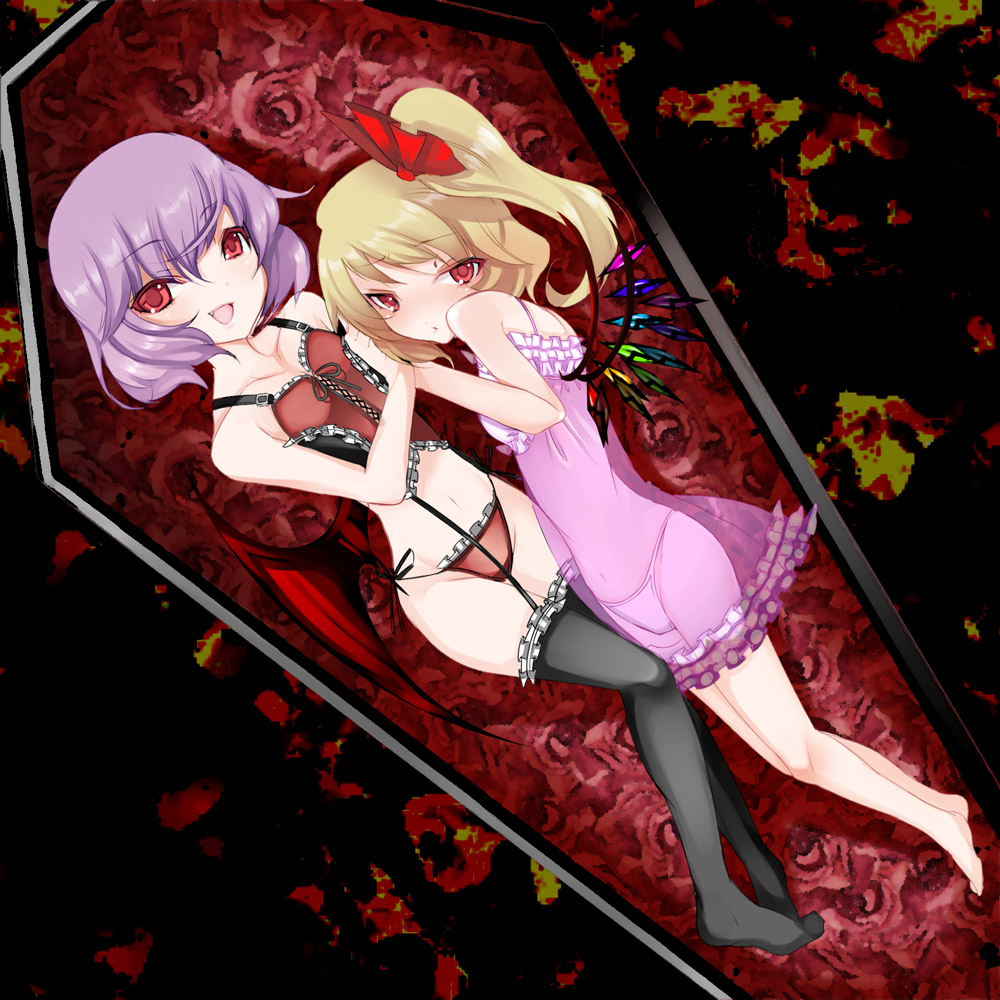 tetsubuta, flandre scarlet, remilia scarlet, touhou, black legwear, bad id, bad pixiv id, 2girls, barefoot, bat wings, blonde hair, blush, chemise, coffin, corset, fang, female focus, garter belt, lingerie, multiple girls, one side up, panties, ponytail, purple hair, red eyes, see-through clothes, short hair, siblings, side-tie panties, side ponytail, sisters, thighhighs, underwear, wings