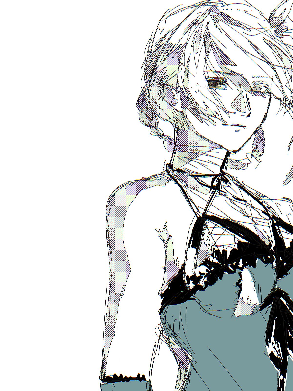 kaine (nier), nier (series), commentary request, highres, 1girl, bandaged arm, bandaged neck, bandages, blue negligee, blue sleeves, braid, braided hair rings, breasts, brown eyes, closed mouth, flower, hair flower, hair ornament, hair over one eye, hair rings, lingerie, medium breasts, miramintkurun, negligee, single bare shoulder, solo, underboob, underwear, upper body, white background, white hair