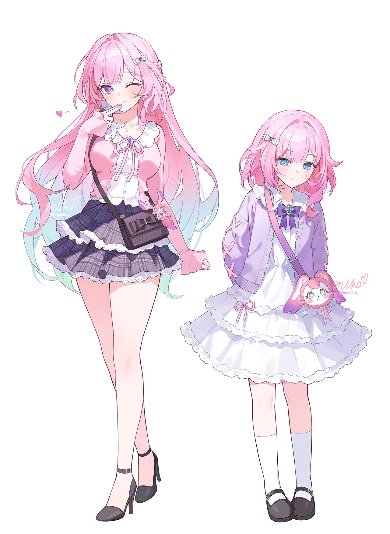 miho (mymiho), cyrene (honkai: star rail), cyrene (philia093) (honkai: star rail), mem (honkai: star rail), honkai: star rail, honkai (series), commentary request, highres, 2girls, alternate costume, aqua hair, bag charm, black shoes, blue eyes, blue hair, blush, bow, bowtie, breasts, cardigan, character bag, charm (object), closed mouth, cyrene (demiurge) (honkai: star rail), diamond-shaped pupils, diamond (shape), dress, dual persona, earrings, finger to mouth, full body, gradient hair, hair bow, hair intakes, heart, high heels, jewelry, large breasts, layered skirt, long sleeves, looking at viewer, medium hair, multicolored hair, multiple girls, one eye closed, open cardigan, open clothes, pink hair, pink nails, pink ribbon, pink shirt, pointy ears, purple bow, purple bowtie, purple cardigan, purple eyes, purple skirt, ribbon, shirt, shoes, sidelocks, signature, simple background, skirt, smile, socks, standing, symbol-shaped pupils, twitter username, white background, white bow, white dress, white socks