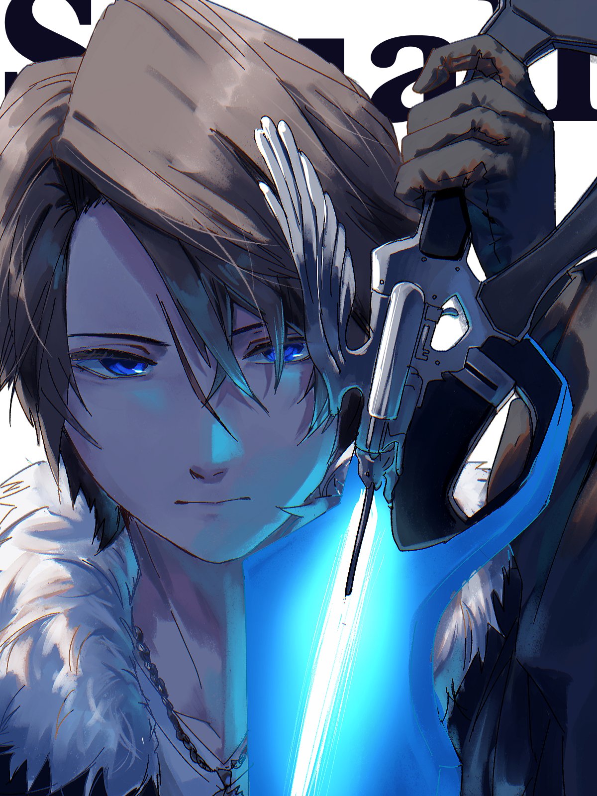 squall leonhart, final fantasy, final fantasy viii, commentary request, highres, 1boy, black gloves, black jacket, blue eyes, brown hair, chain, chain necklace, character name, closed mouth, fur-trimmed jacket, fur trim, gloves, gunblade, hair between eyes, holding, holding weapon, jacket, jewelry, looking at viewer, miramintkurun, necklace, scar, scar on face, scar on forehead, shirt, short hair, solo, upper body, weapon, white background, white shirt