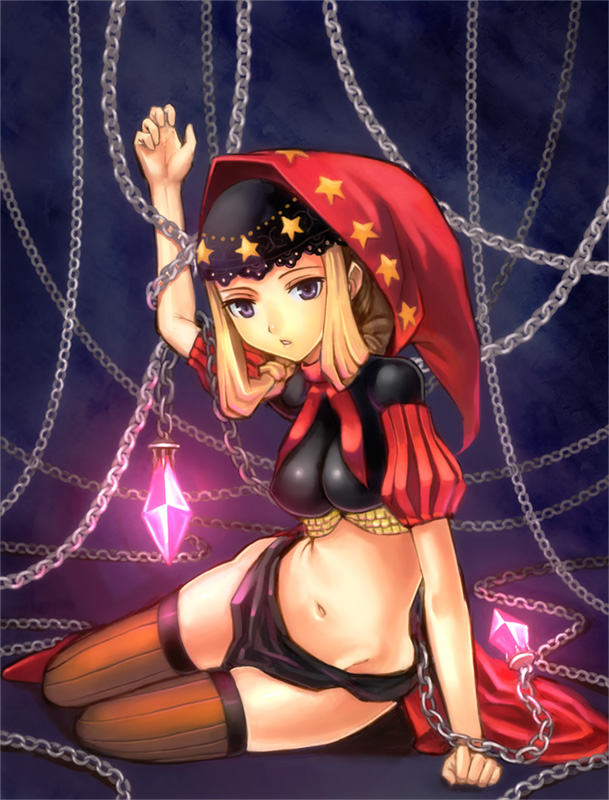 hashi, velvet (odin sphere), odin sphere, 1girl, chain, female focus, hood, midriff, navel, solo, thighhighs