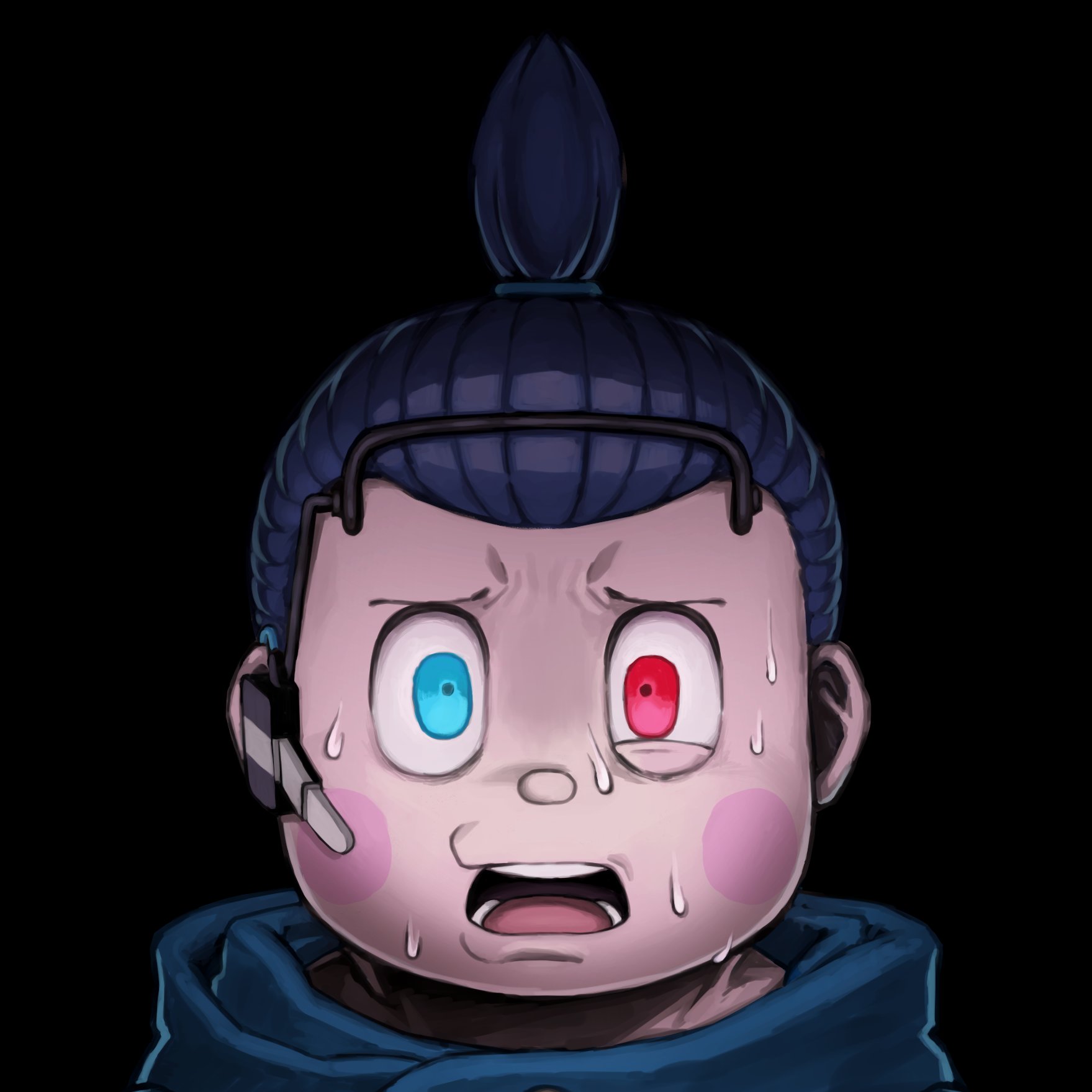 batten xxxx, tribe nine, hashtag-only commentary, highres, 1boy, akiba saizo, black background, blue eyes, blue jacket, cellphone, headset, heterochromia, iphone, jacket, looking at viewer, male focus, nervous sweating, open mouth, phone, red eyes, scared, simple background, smartphone, solo, sweat, topknot